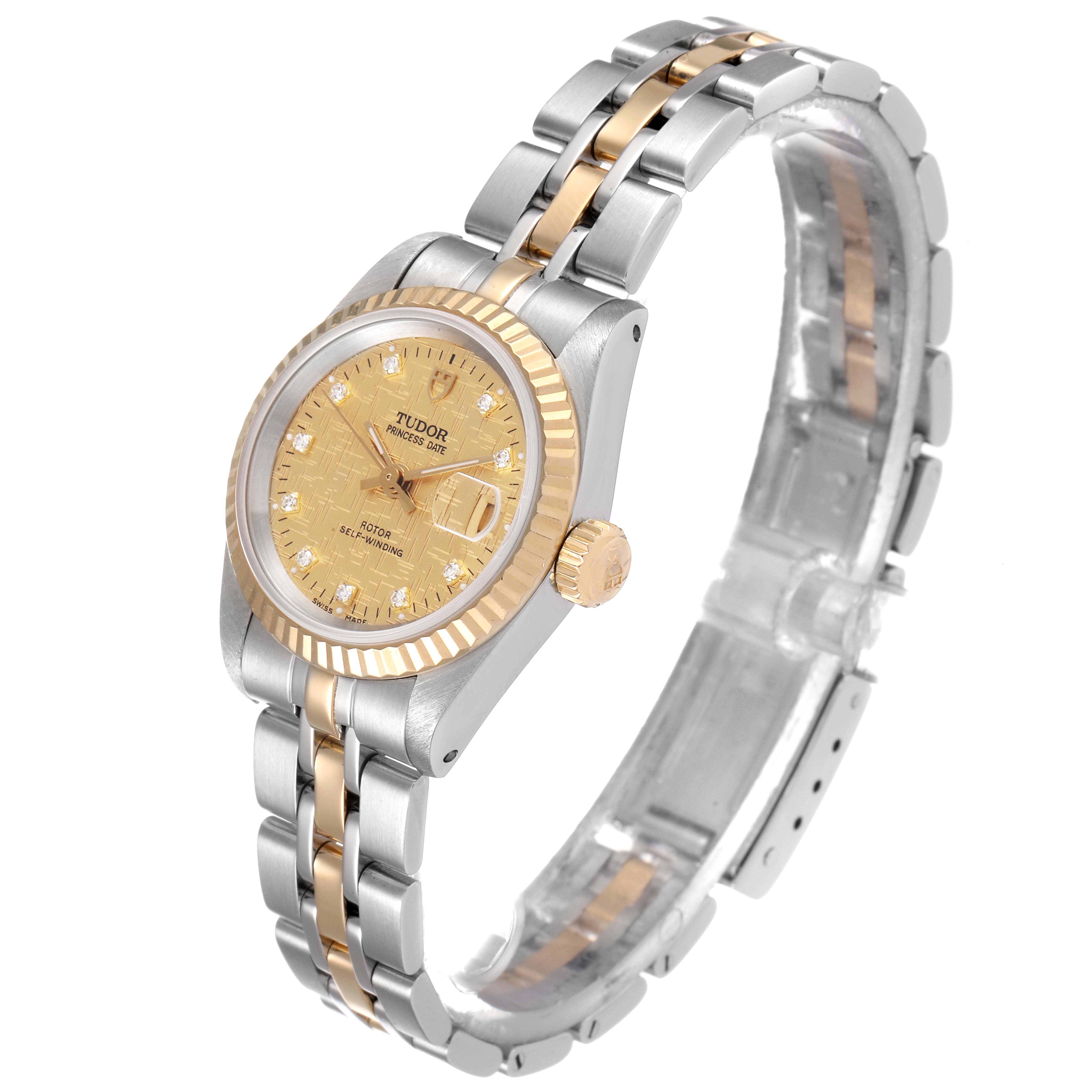 The Tudor Princess 92413 Women's Steel and Gold (two tone) Champagne Dial 92413 Women's Steel and Gold (two tone) Champagne Dial watch model is shown from an angle displaying the face, bezel, crown, and bracelet.