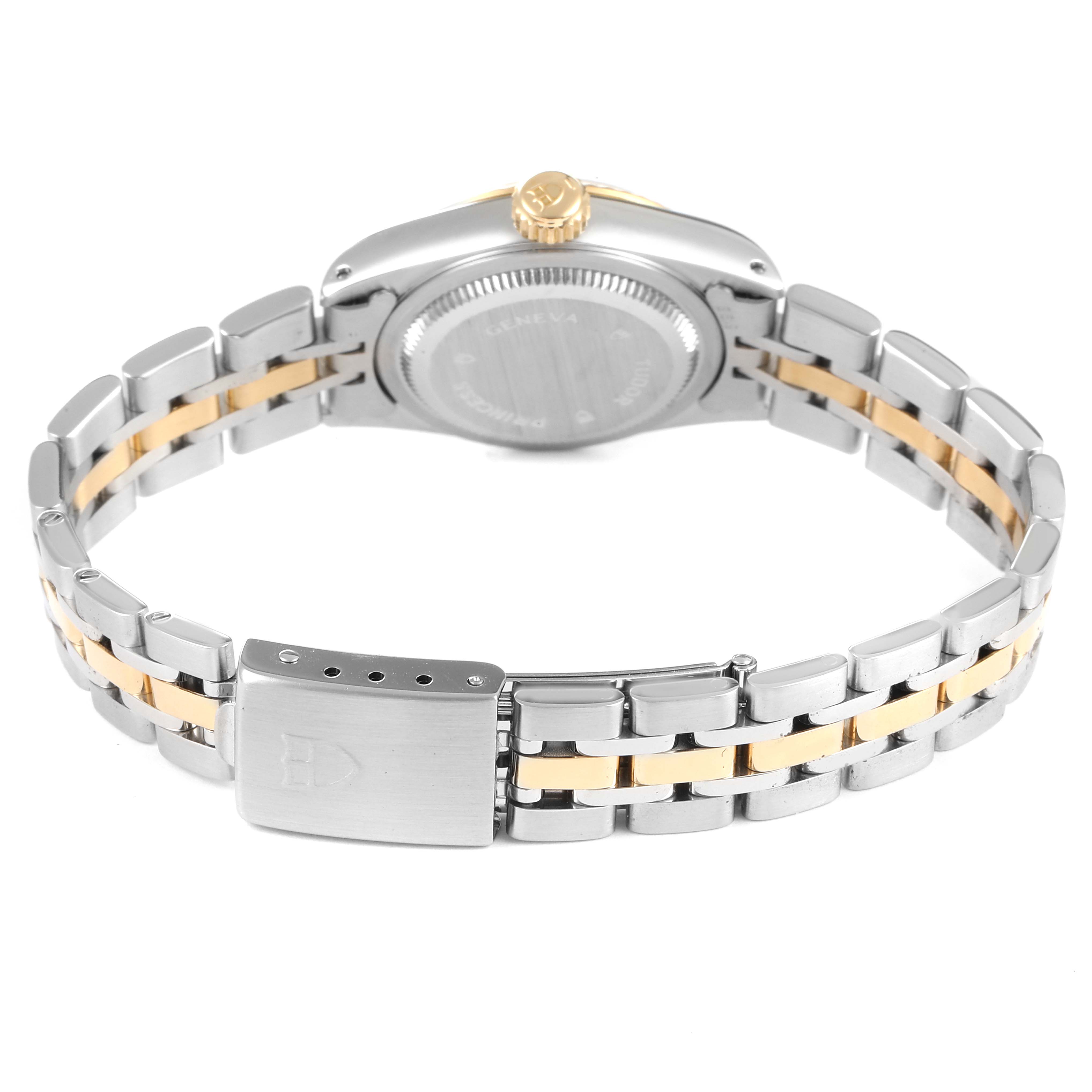 The image shows the back case and clasp of the Tudor Princess 92413 Women's Steel and Gold (two tone) Champagne Dial 92413 Women's Steel and Gold (two tone) Champagne Dial watch, displaying its two-tone bracelet and crown.