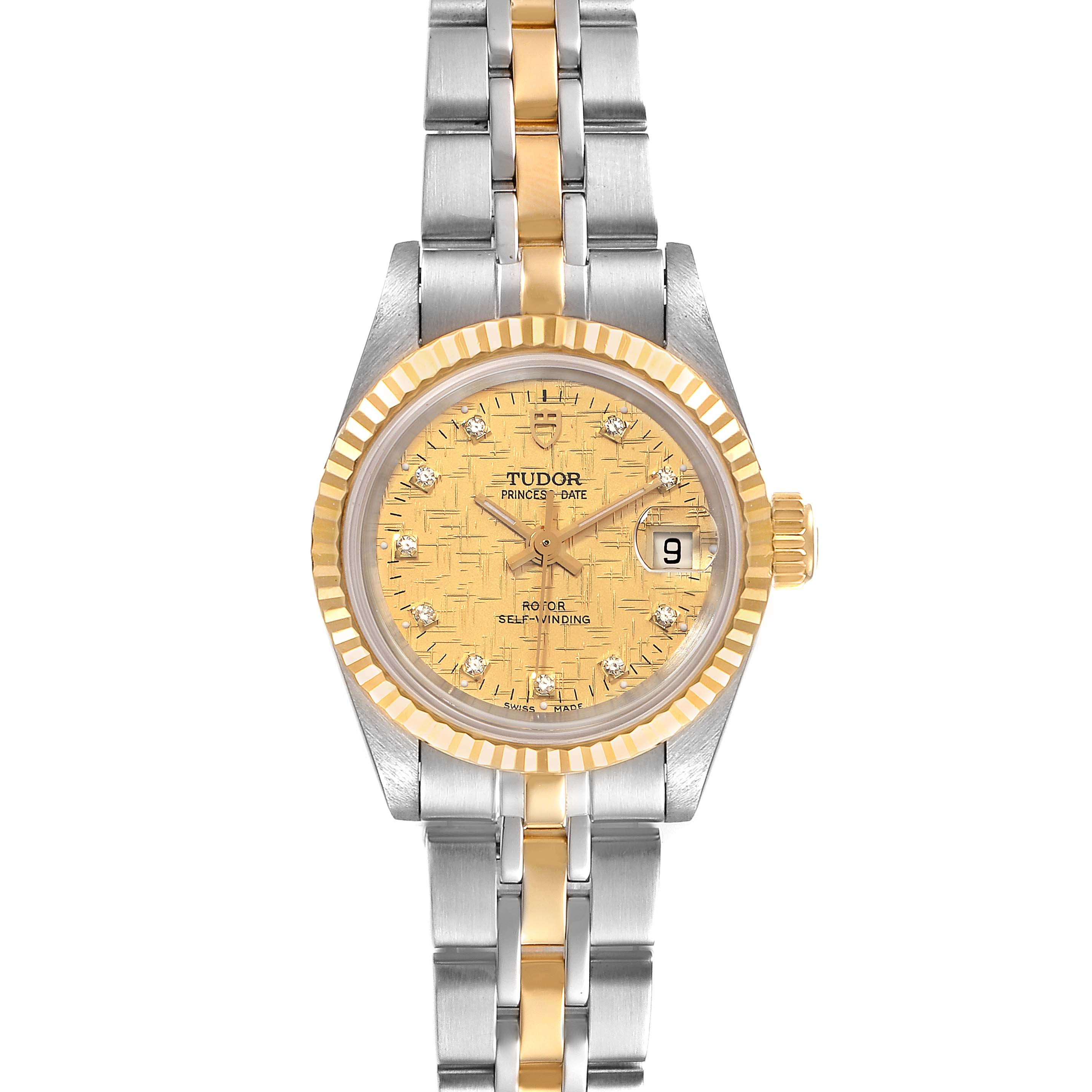 The image shows a frontal view of the Tudor Princess 92413 Women's Steel and Gold (two tone) Champagne Dial 92413 Women's Steel and Gold (two tone) Champagne Dial watch, highlighting its dial, date window, and two-tone bracelet.