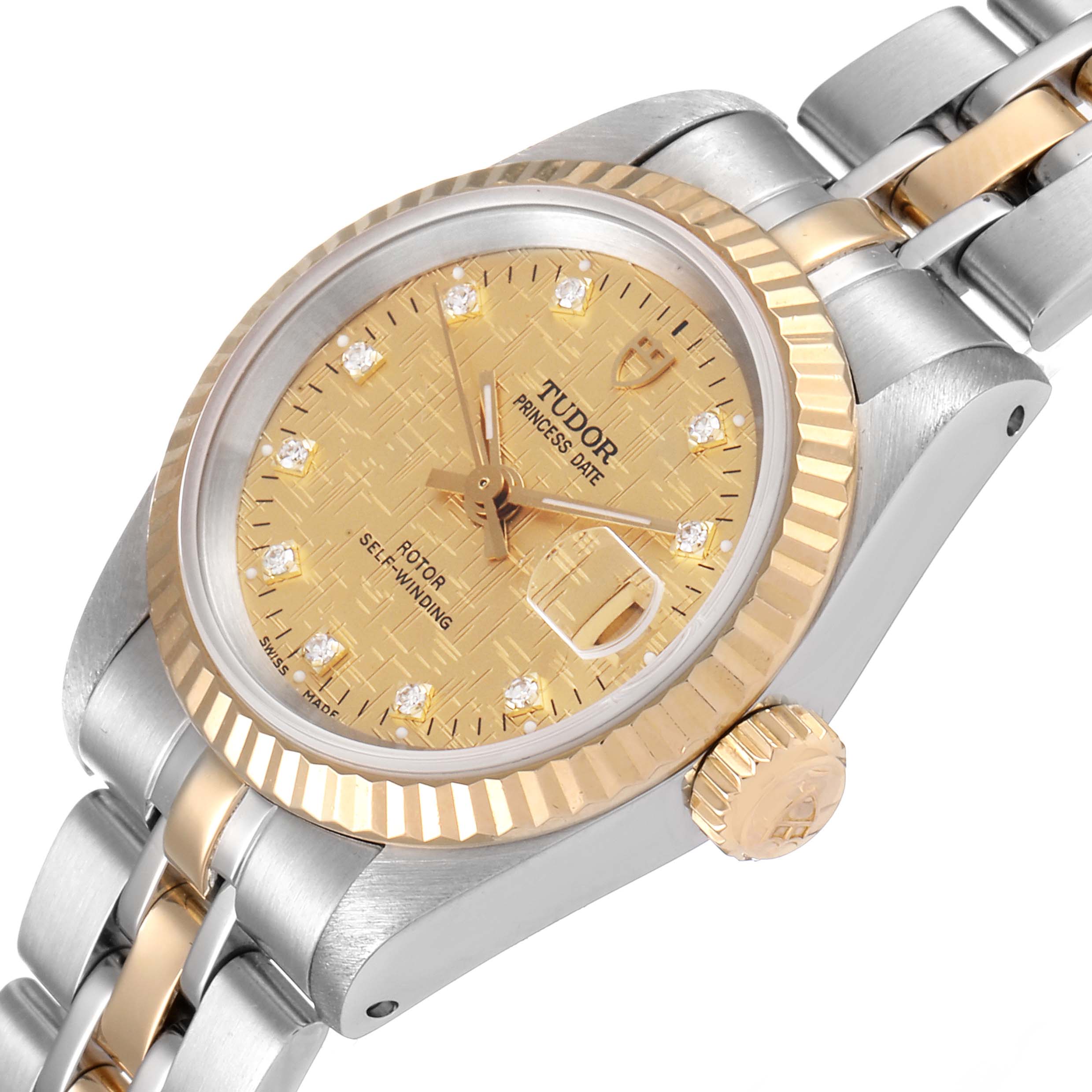 The image shows a side angle of a Tudor Princess 92413 Women's Steel and Gold (two tone) Champagne Dial 92413 Women's Steel and Gold (two tone) Champagne Dial model watch, highlighting the dial, bezel, crown, and part of the bracelet.