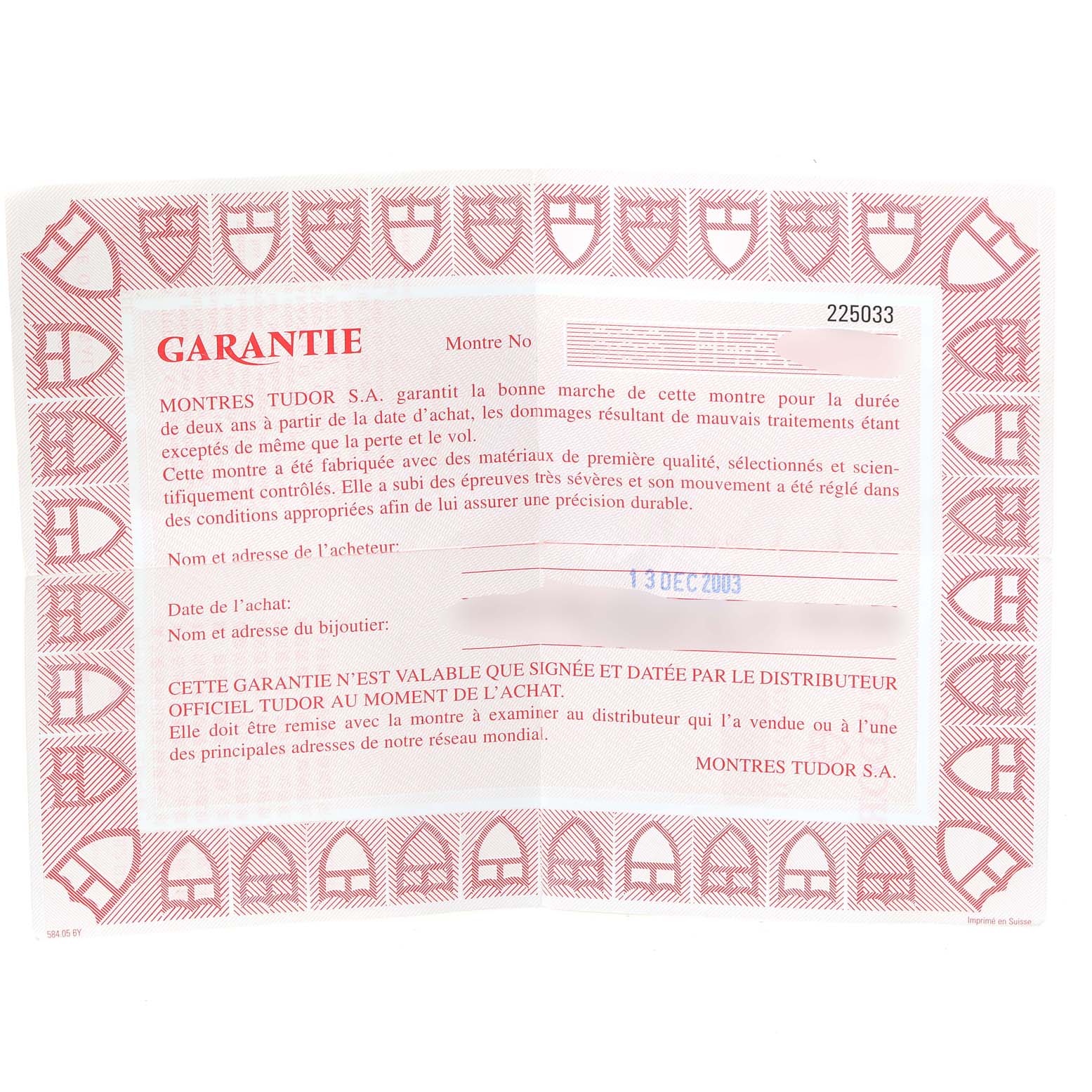 The image shows a warranty card for the Tudor Princess 92413 Women's Steel and Gold (two tone) Champagne Dial 92413 Women's Steel and Gold (two tone) Champagne Dial model watch, featuring a red border and French text.