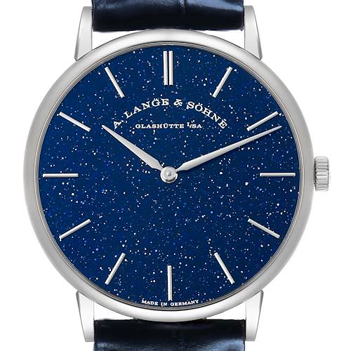 The A. Lange & Sohne Saxonia 205.086 Men's White Gold Blue Dial watch is shown from the front, highlighting its starry blue dial, hands, and markers.