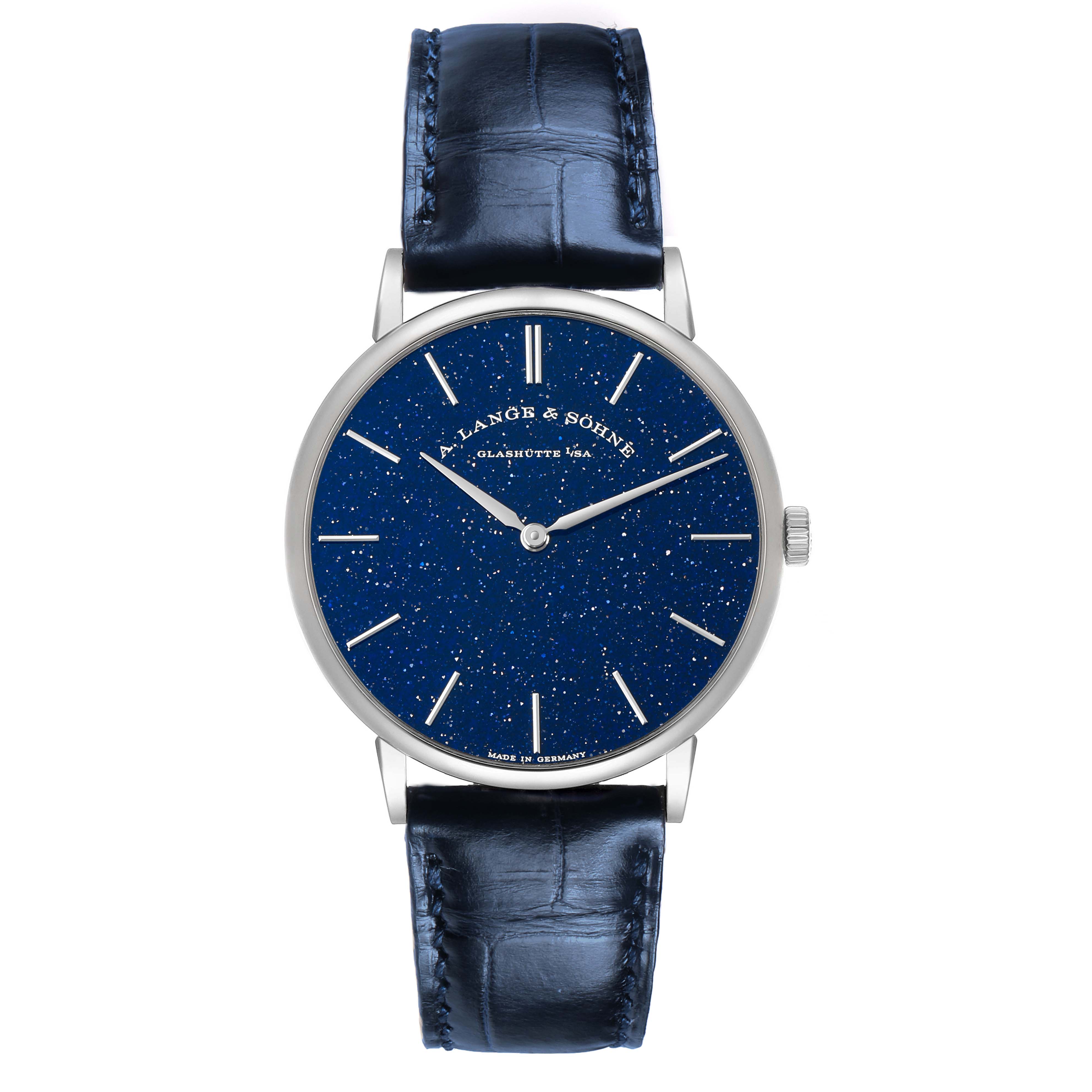 The A. Lange & Sohne Saxonia 205.086 Men's White Gold Blue Dial watch is shown from a front angle, highlighting its blue starry dial, silver markers, and blue leather strap.