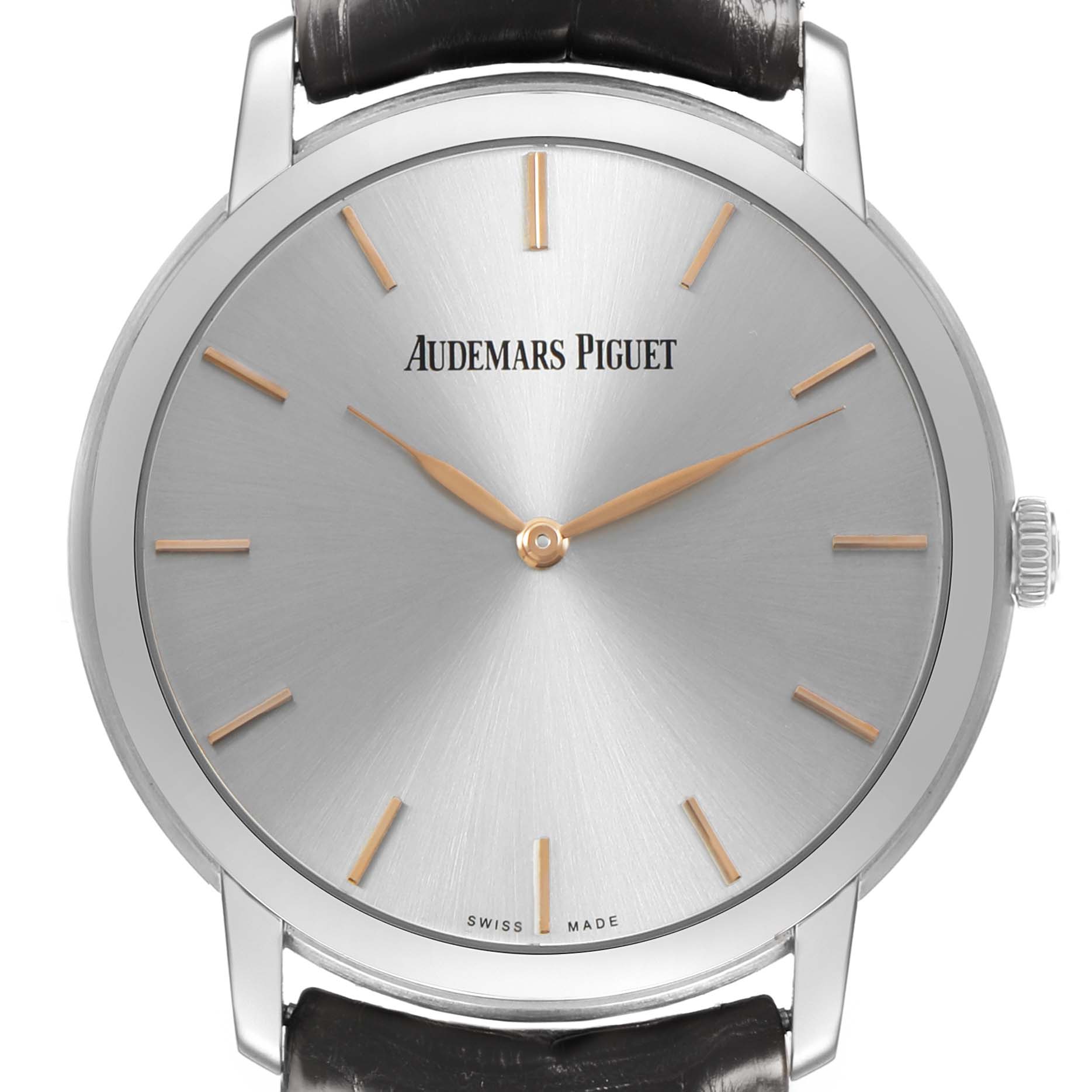 The Audemars Piguet Jules 15180BC Men's White Gold Silver Dial watch is shown from a front angle, highlighting its silver dial, slim markers, and leather strap.