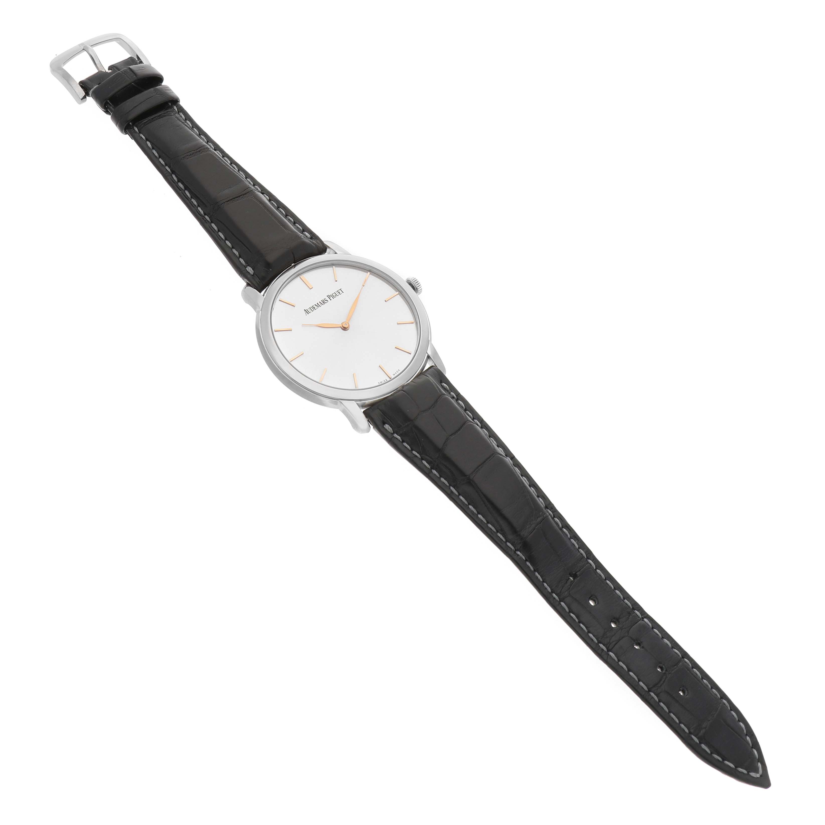 The image shows the Jules model by Audemars Piguet from an overhead angle, displaying the watch face, strap, and buckle.
