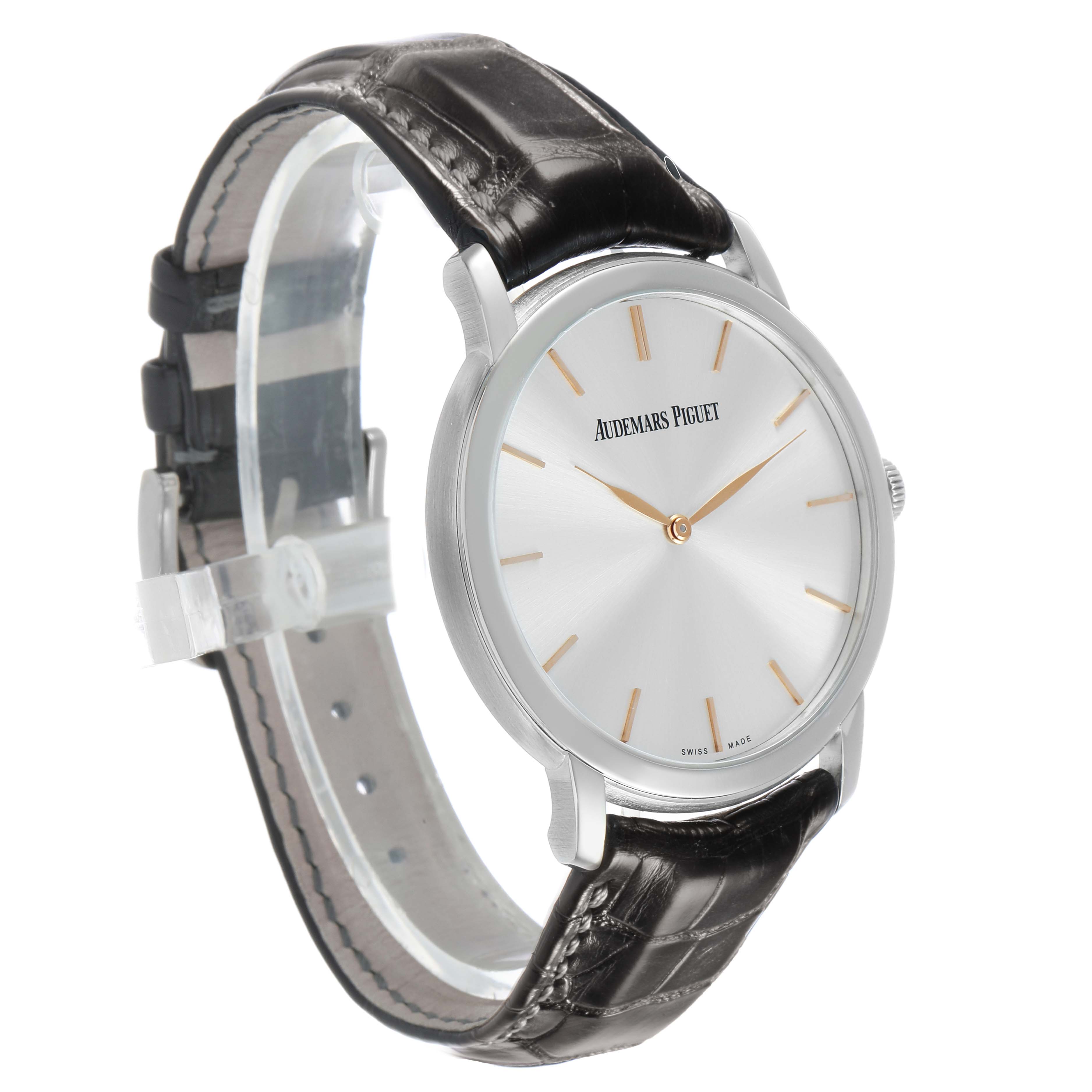 The Jules model by Audemars Piguet is shown at a slight angle, detailing the watch face, case, and leather strap.