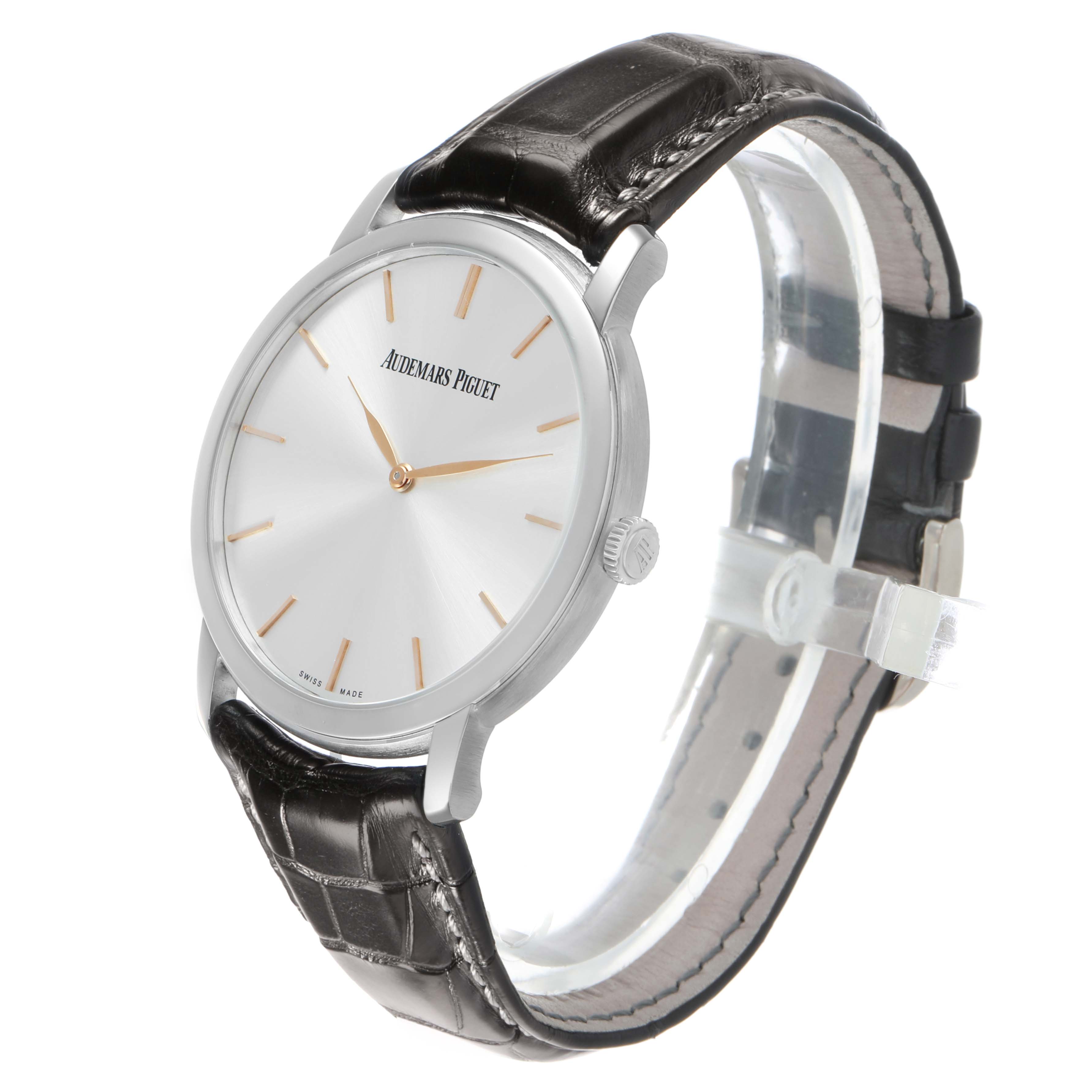 The image shows a side angle of the Audemars Piguet Jules 15180BC Men's White Gold Silver Dial watch, highlighting the dial, case, crown, and leather strap.