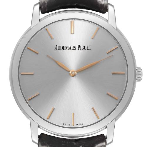 The Jules by Audemars Piguet is shown from the front, highlighting the dial, hands, markers, and part of the leather strap.