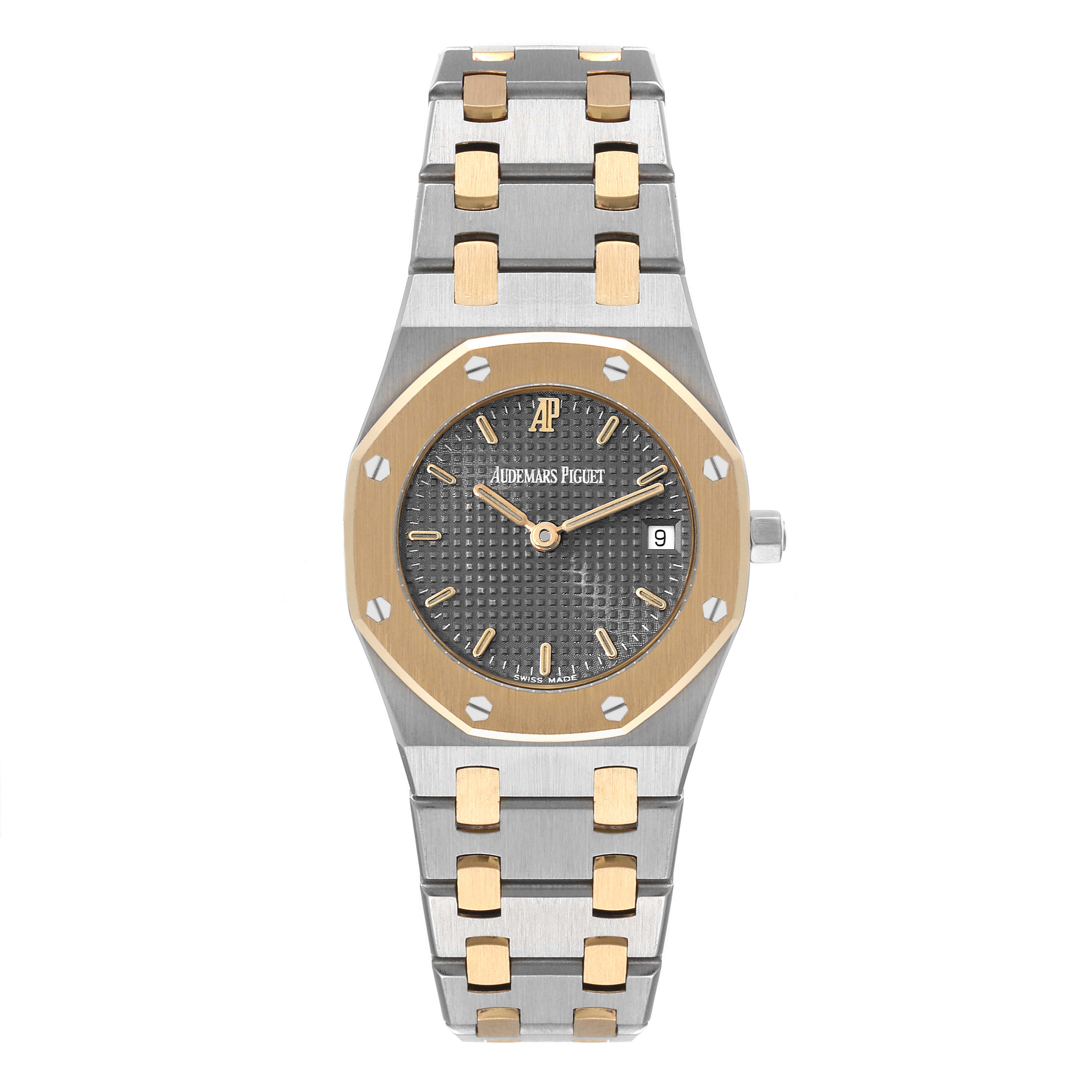 This Audemars Piguet Royal Oak Women's Steel and Gold (two tone) Grey Dial Women's Steel and Gold (two tone) Grey Dial watch is shown from a front angle, displaying the face, bezel, and bracelet.