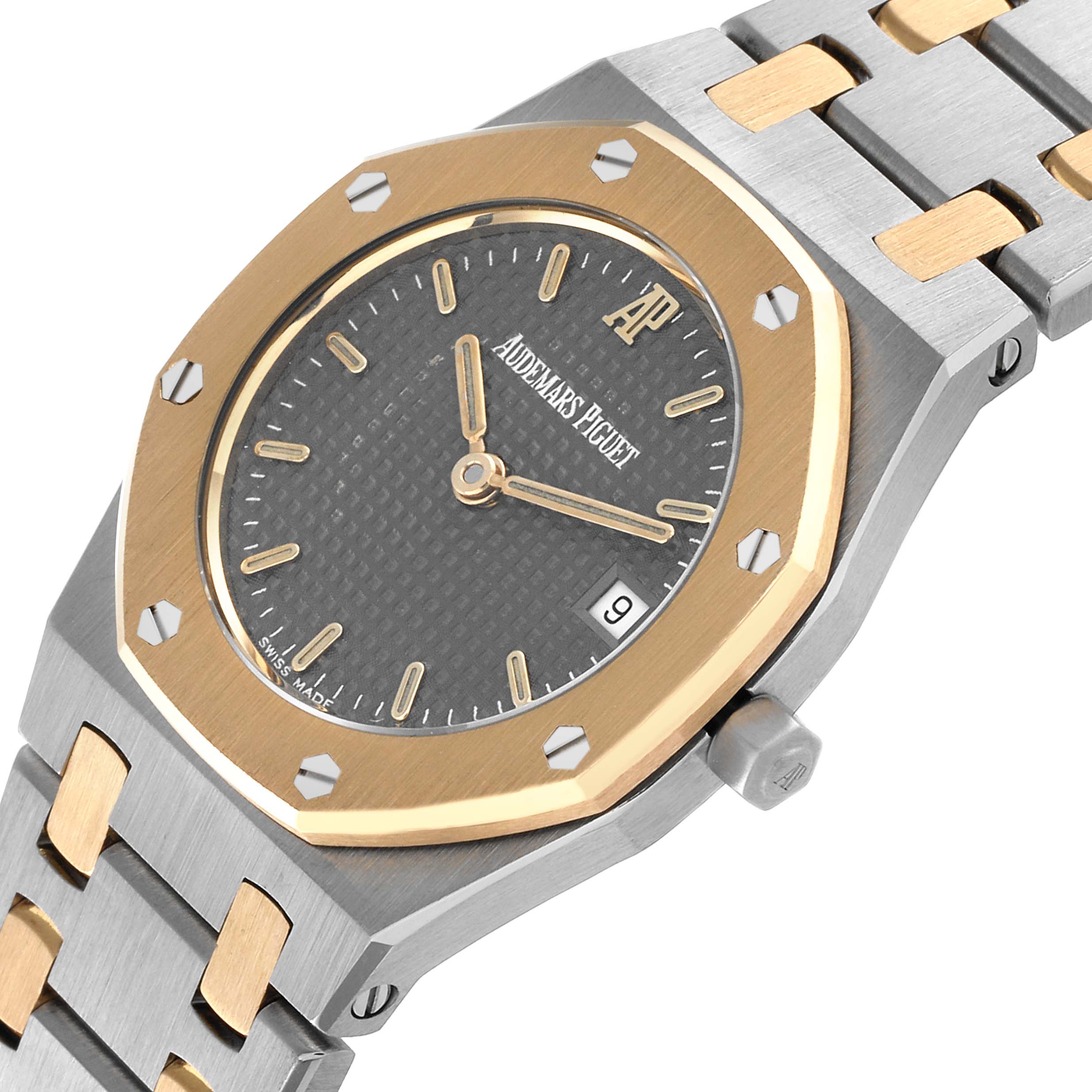 The image shows the face and part of the bracelet of an Audemars Piguet Royal Oak Women's Steel and Gold (two tone) Grey Dial Women's Steel and Gold (two tone) Grey Dial watch, highlighting the dial, bezel, and markers.