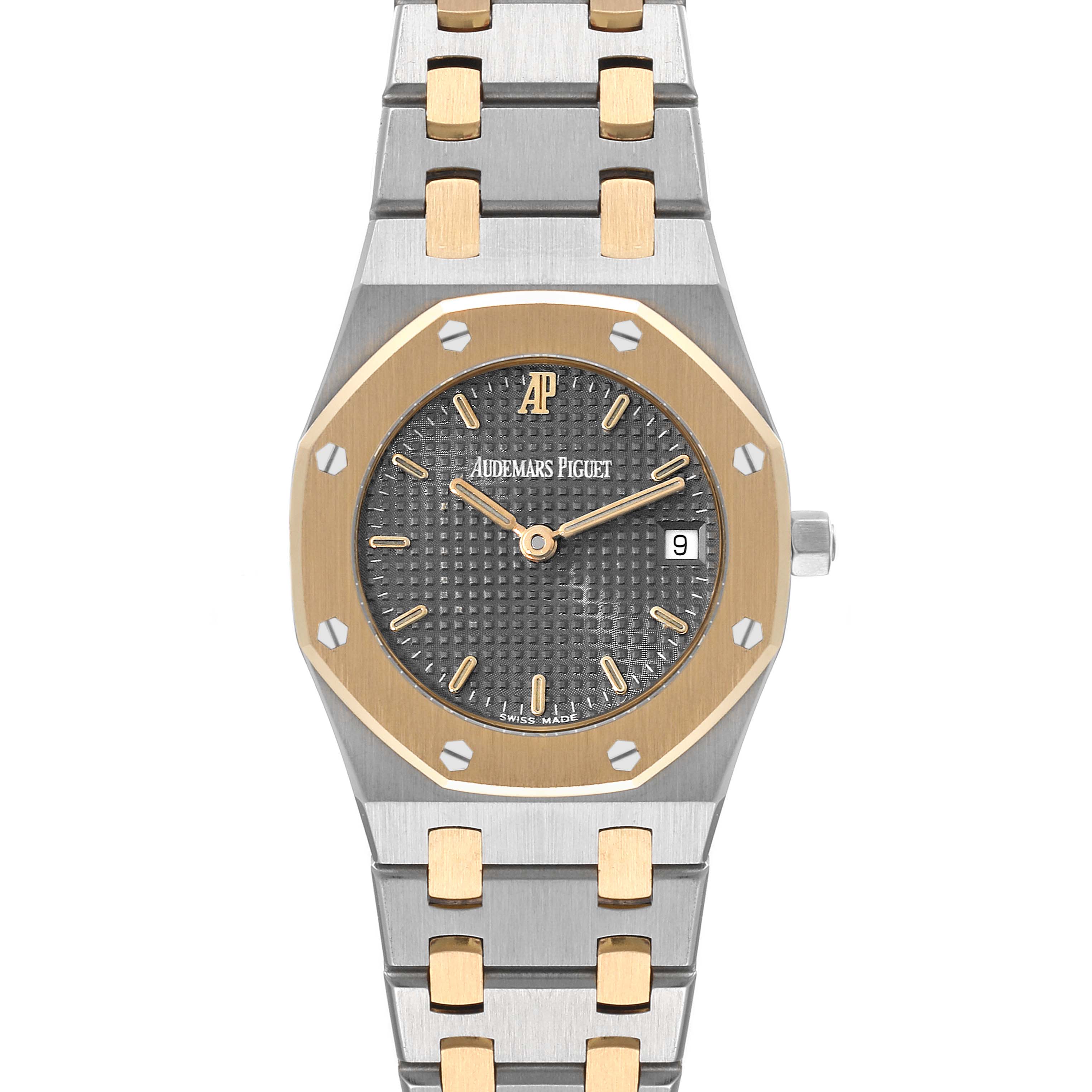 The image shows a front view of an Audemars Piguet Royal Oak Women's Steel and Gold (two tone) Grey Dial Women's Steel and Gold (two tone) Grey Dial watch, highlighting its two-tone case and bracelet, dial, and date window.