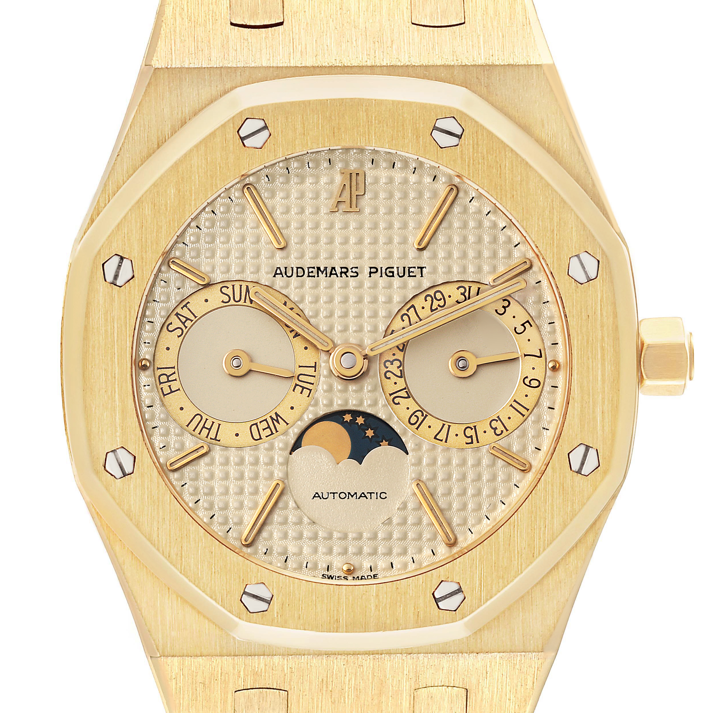 The Audemars Piguet Royal Oak 25594BA Men's Yellow Gold Champagne Dial watch is shown front-on, highlighting the gold case, dial with day, date, and moon phase features.