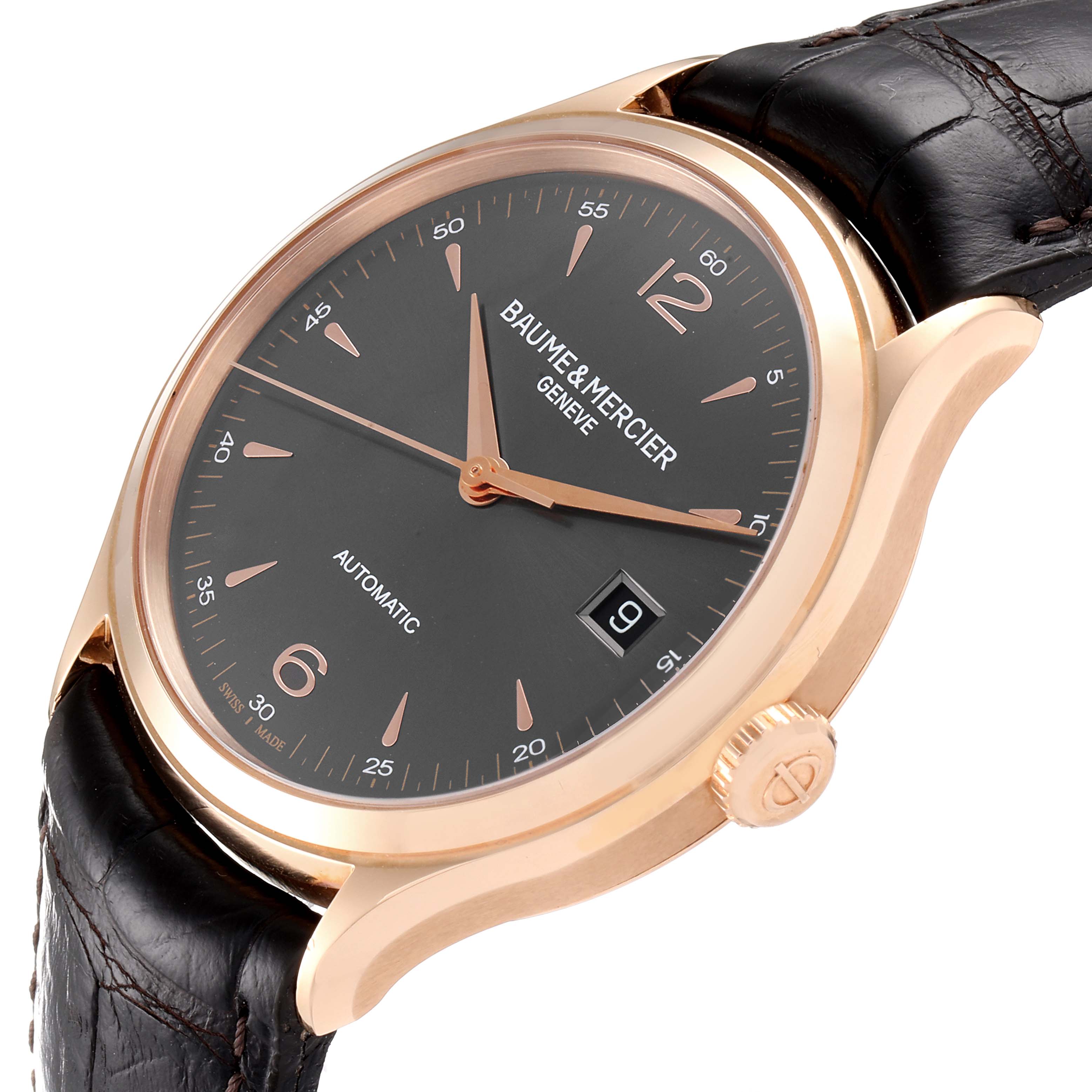 The Baume & Mercier Clifton M0A10059 Men's Rose Gold Grey Dial M0A10059 Men's Rose Gold Grey Dial watch is shown at a tilted angle highlighting the face, crown, and part of the leather strap.