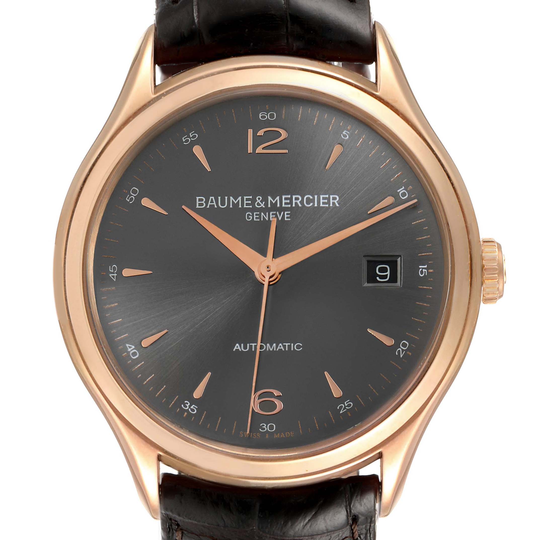 This image shows a front view of the Baume & Mercier Clifton M0A10059 Men's Rose Gold Grey Dial M0A10059 Men's Rose Gold Grey Dial watch face, highlighting the dial, hands, date window, and crown.