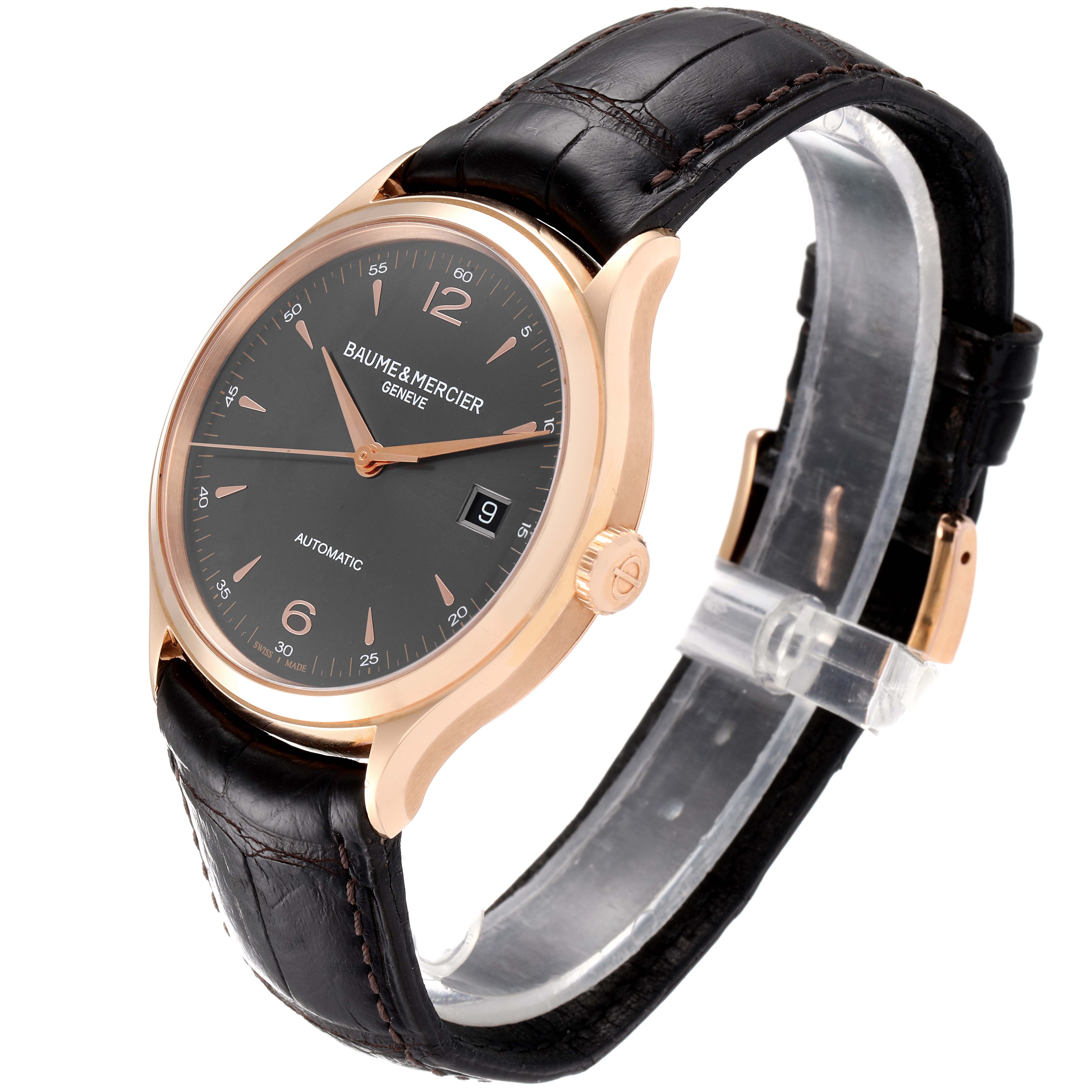 This image shows a Baume & Mercier Clifton M0A10059 Men's Rose Gold Grey Dial M0A10059 Men's Rose Gold Grey Dial model watch at a three-quarter angle highlighting the face, bezel, and leather strap.