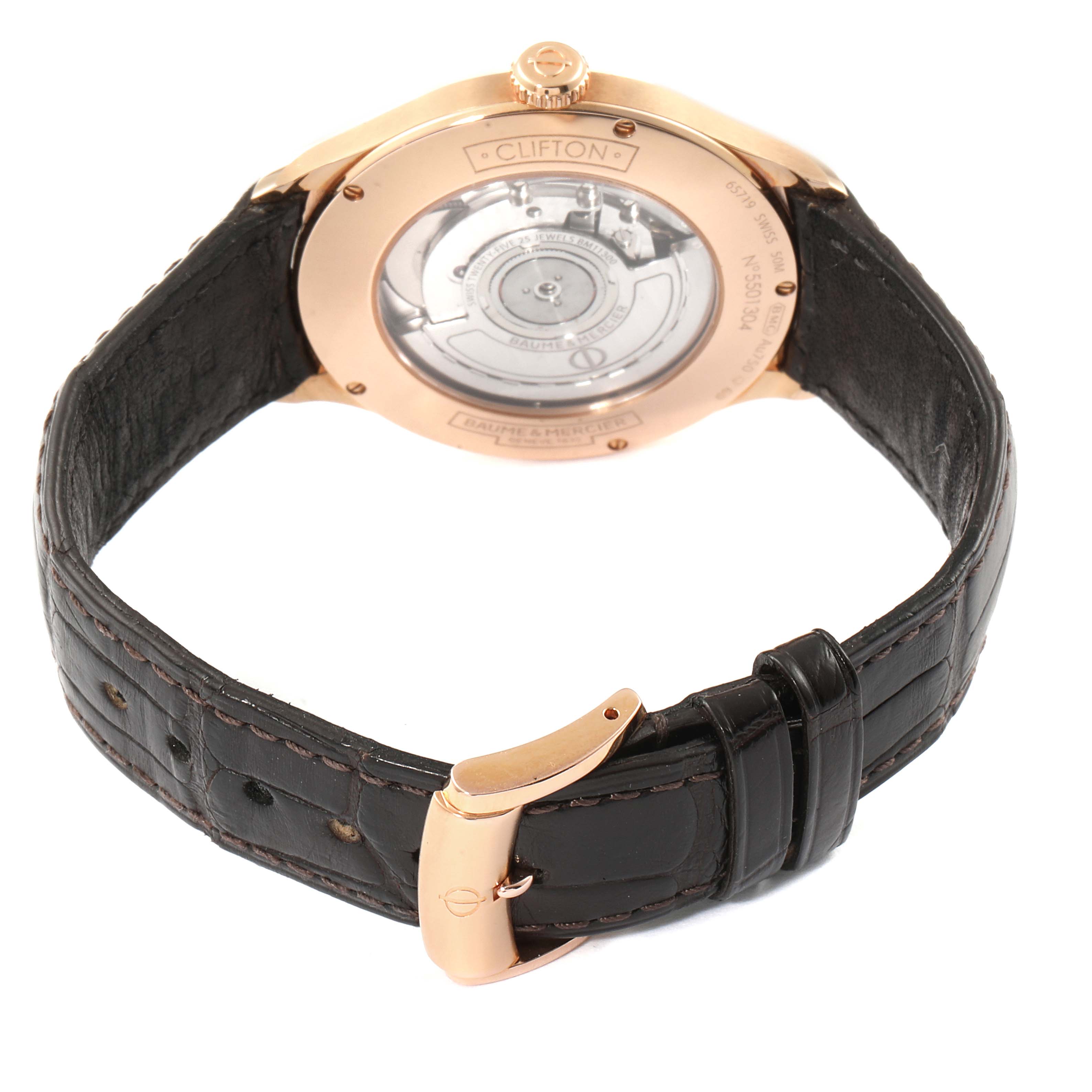 This image shows the back view of the Baume & Mercier Clifton M0A10059 Men's Rose Gold Grey Dial M0A10059 Men's Rose Gold Grey Dial watch, highlighting the movement and leather strap.