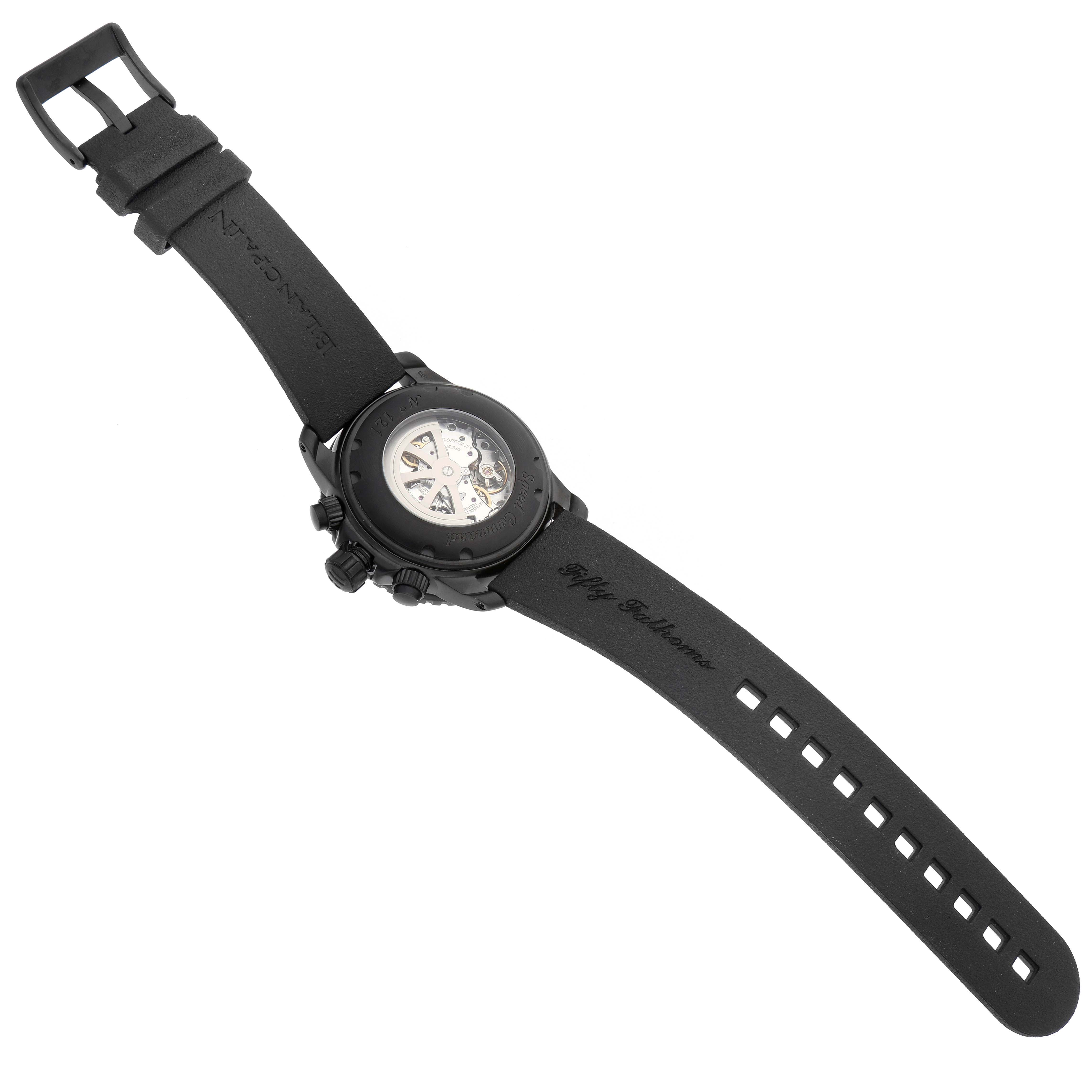 The image shows the back view of a Blancpain Fifty Fathoms 5785F-11D03-63A Men's Stainless Steel Black Dial 5785F-11D03-63A Men's Stainless Steel Black Dial watch, highlighting the strap and visible mechanical movement.