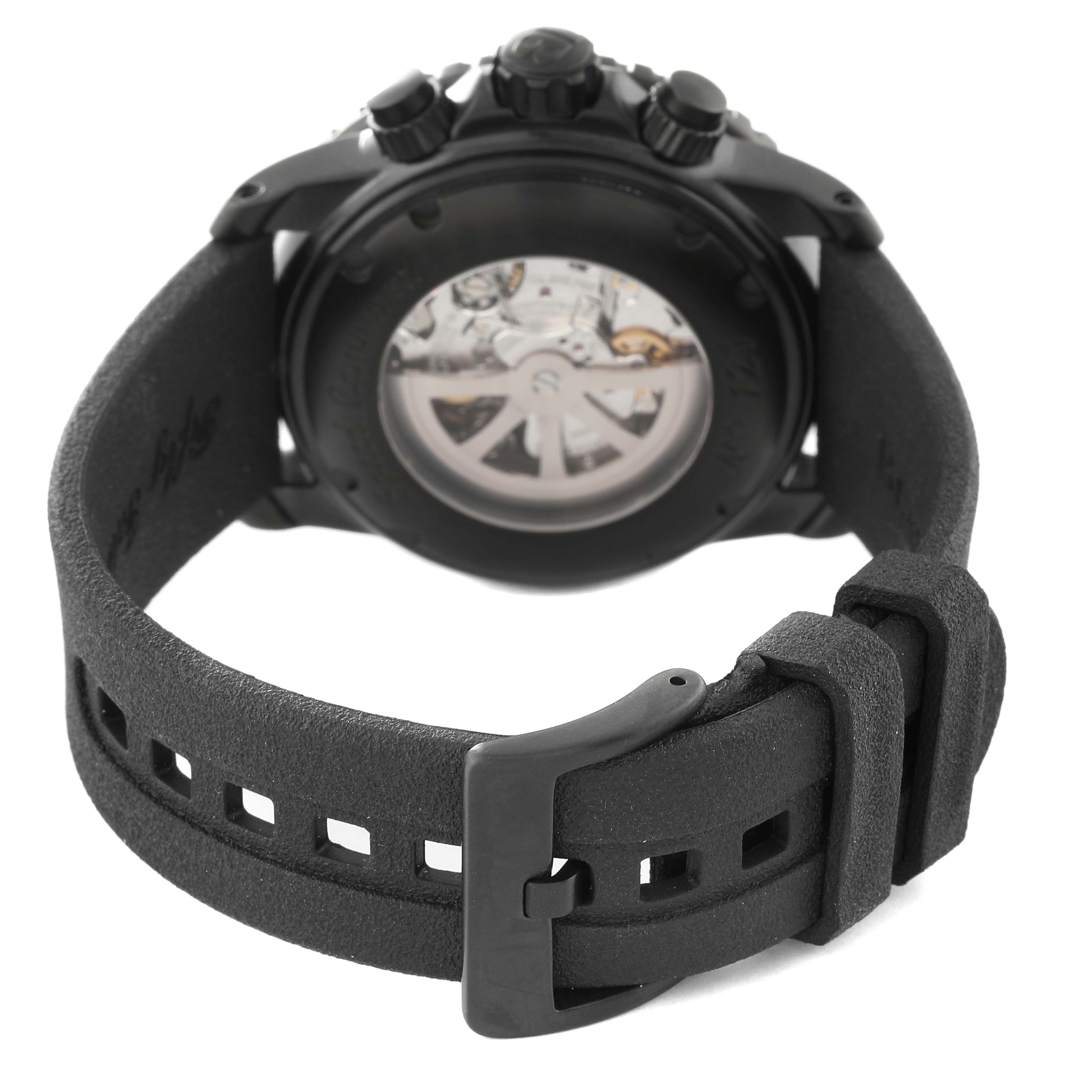 This image shows the back view of the Blancpain Fifty Fathoms 5785F-11D03-63A Men's Stainless Steel Black Dial 5785F-11D03-63A Men's Stainless Steel Black Dial watch, including the strap and the exhibition case back.