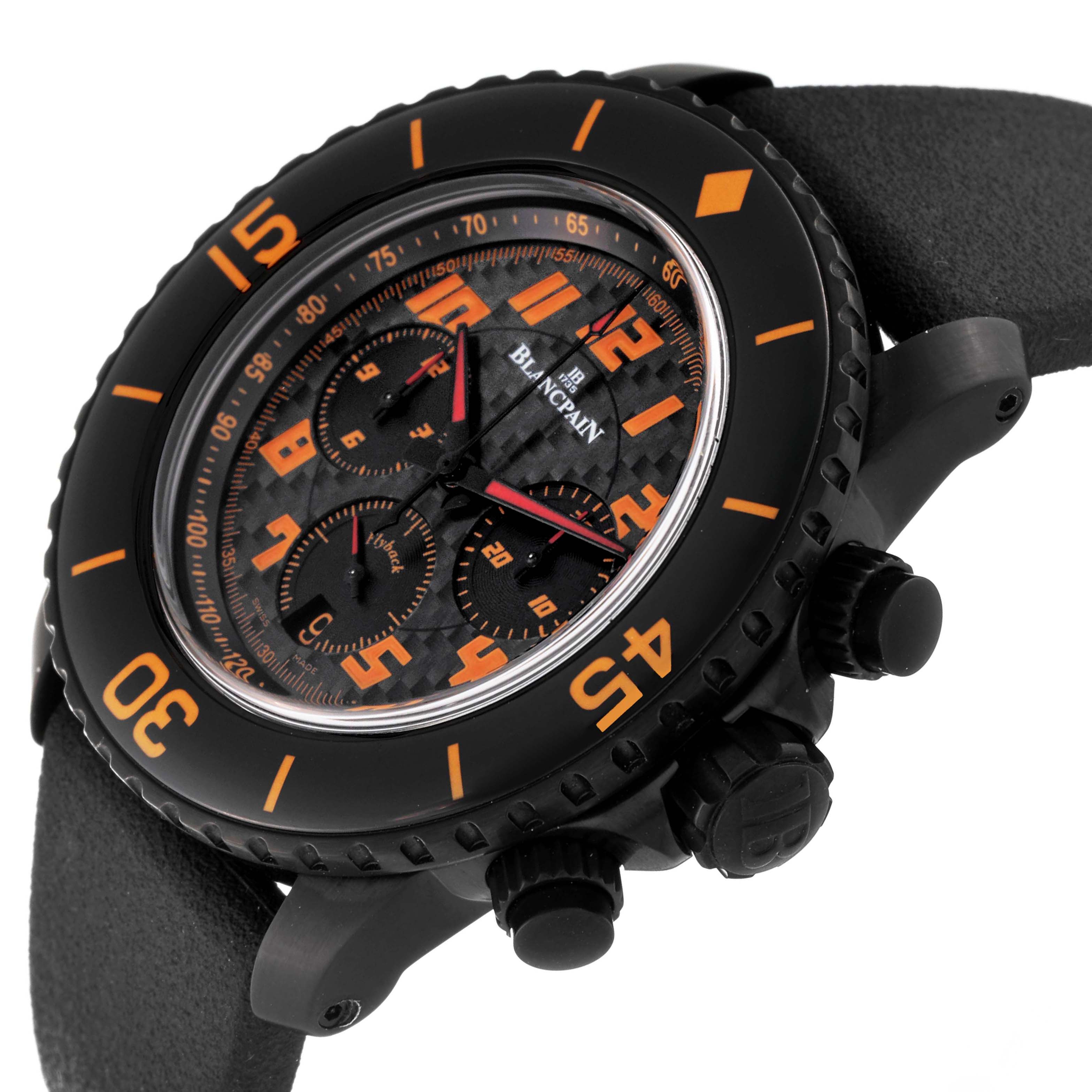 This is a close-up angle of the Blancpain Fifty Fathoms 5785F-11D03-63A Men's Stainless Steel Black Dial 5785F-11D03-63A Men's Stainless Steel Black Dial watch showing the bezel, dial, and chronograph sub-dials.