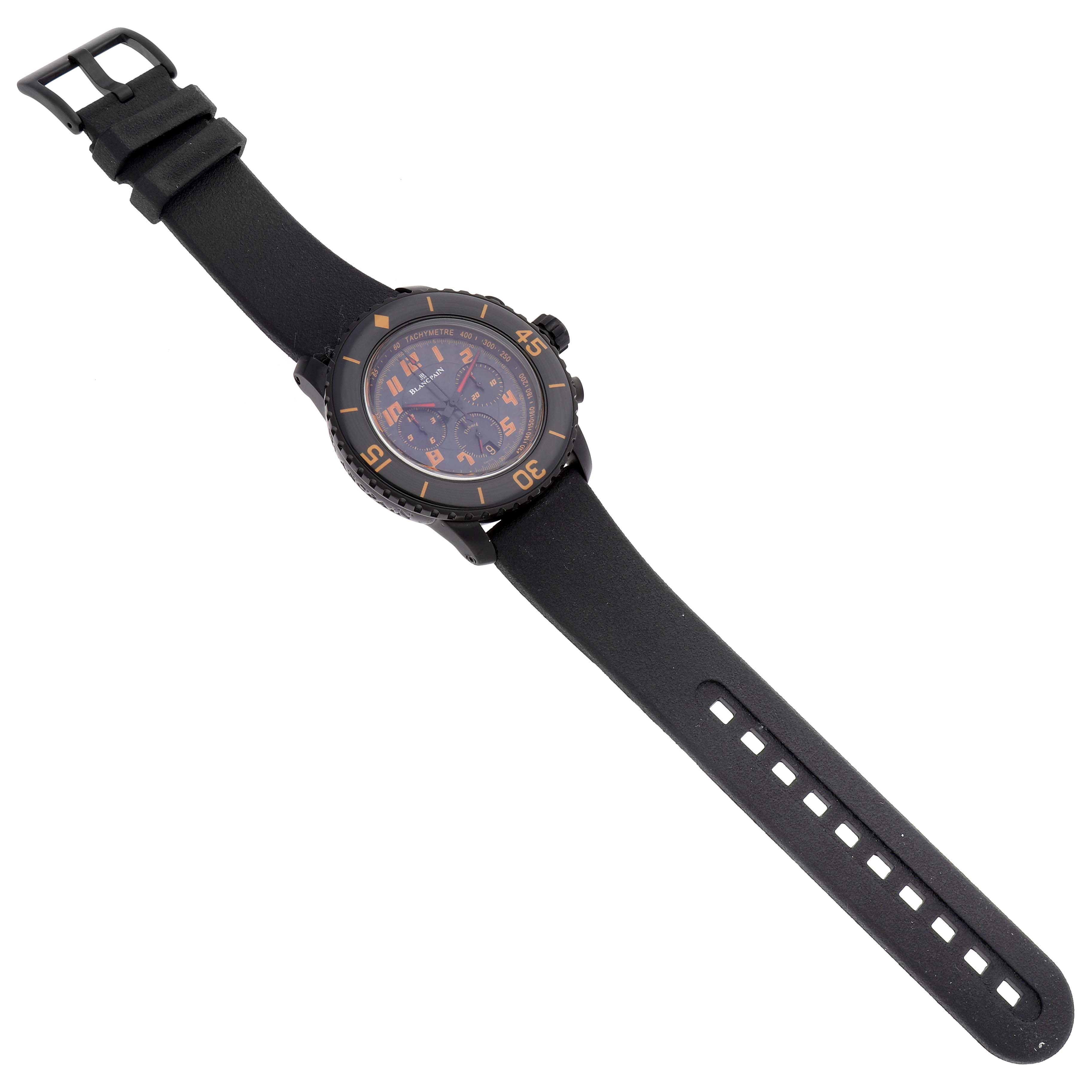 The image shows a Blancpain Fifty Fathoms 5785F-11D03-63A Men's Stainless Steel Black Dial 5785F-11D03-63A Men's Stainless Steel Black Dial watch from a top-down angle, displaying the strap, bezel, and dial.