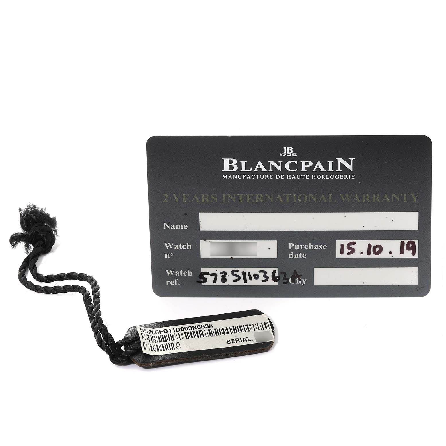 The image shows the warranty card and serial tag for the Blancpain Fifty Fathoms 5785F-11D03-63A Men's Stainless Steel Black Dial 5785F-11D03-63A Men's Stainless Steel Black Dial watch.