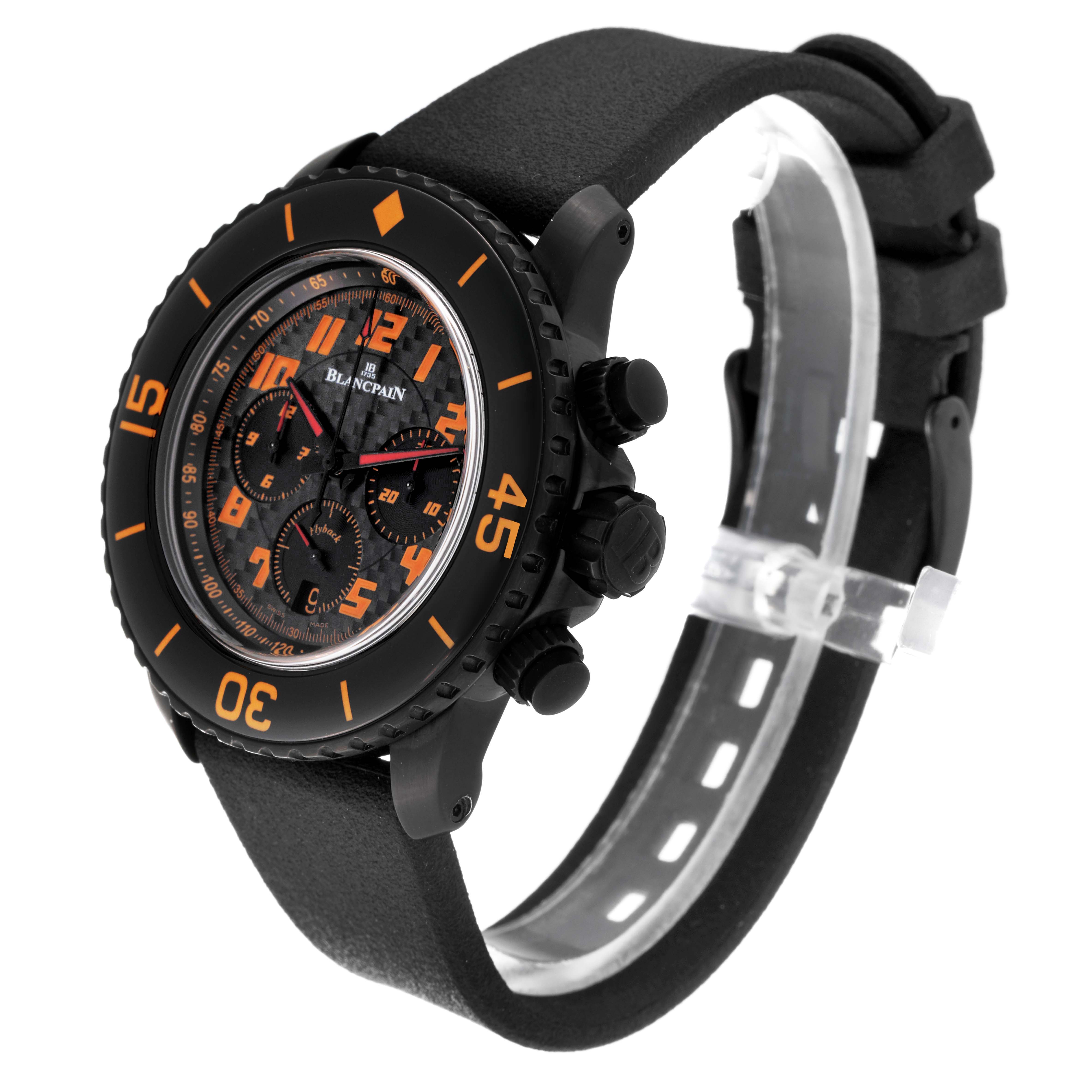 The Blancpain Fifty Fathoms 5785F-11D03-63A Men's Stainless Steel Black Dial 5785F-11D03-63A Men's Stainless Steel Black Dial watch is shown at an angled side view, highlighting the strap, bezel, and face details.