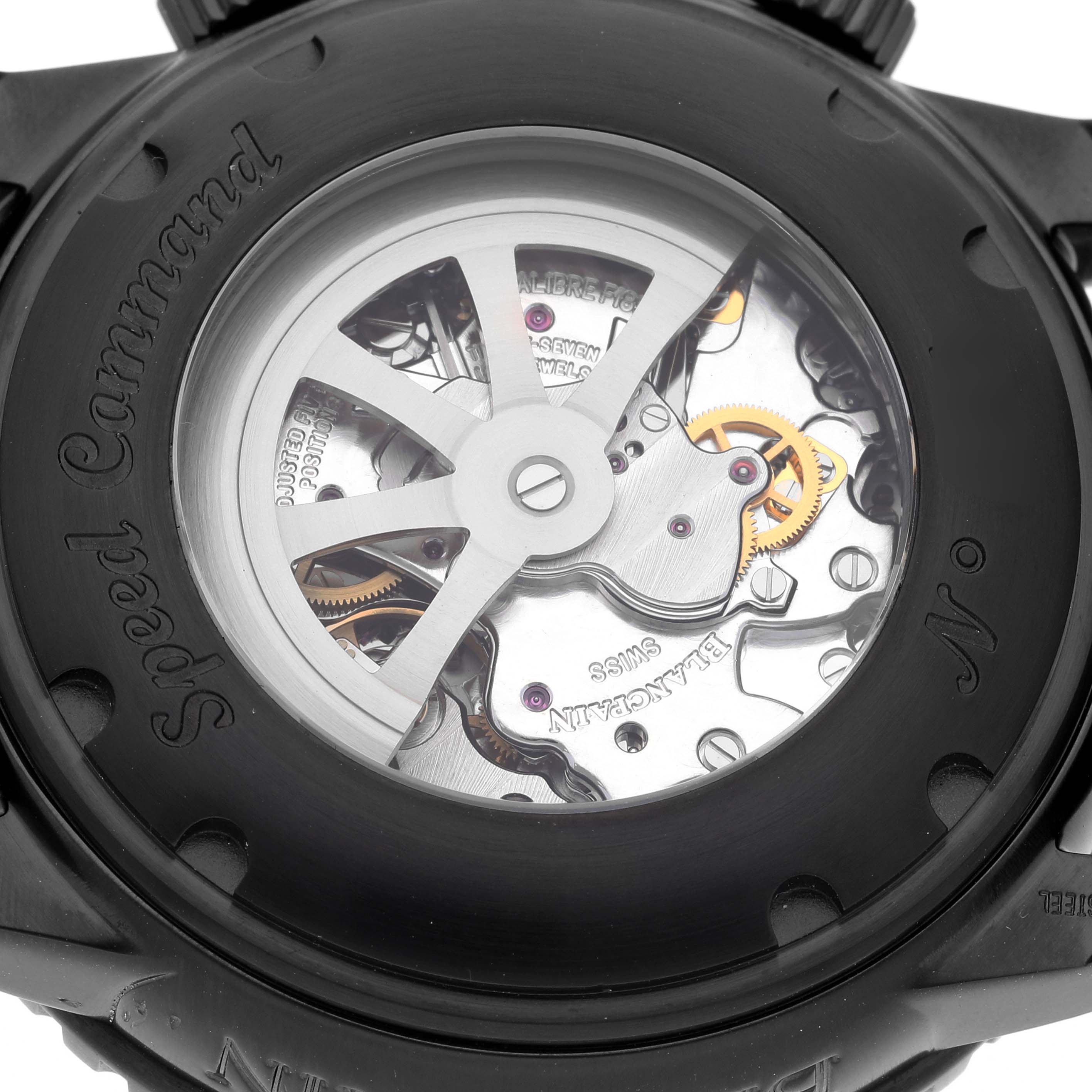 This is a close-up view of the movement and case back of a Blancpain Fifty Fathoms 5785F-11D03-63A Men's Stainless Steel Black Dial 5785F-11D03-63A Men's Stainless Steel Black Dial watch.