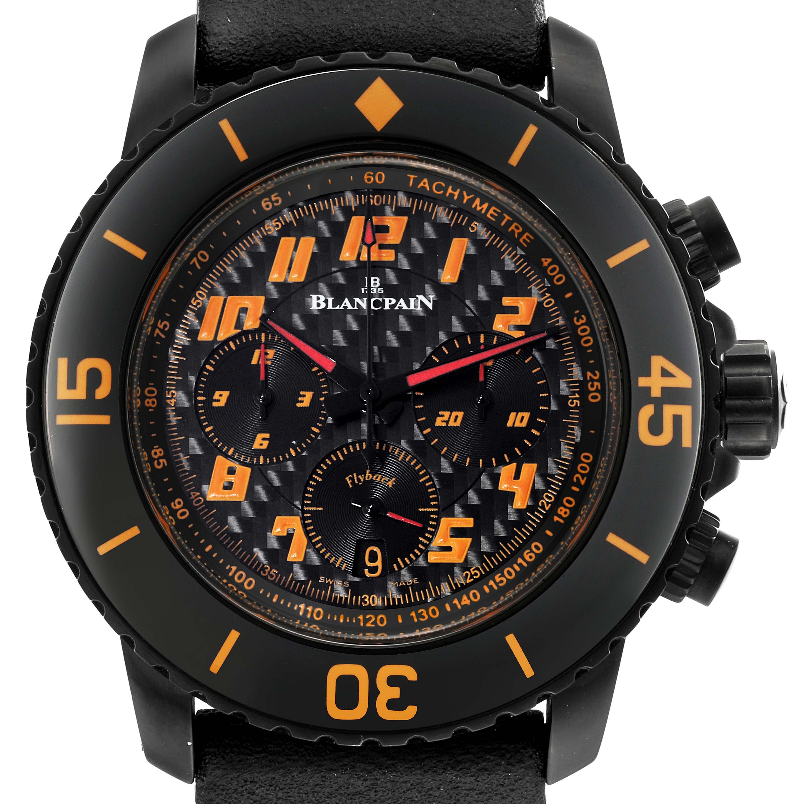 This image shows a close-up view of the face of a Blancpain Fifty Fathoms 5785F-11D03-63A Men's Stainless Steel Black Dial 5785F-11D03-63A Men's Stainless Steel Black Dial watch, highlighting its tachymeter, subdials, and orange numerals.