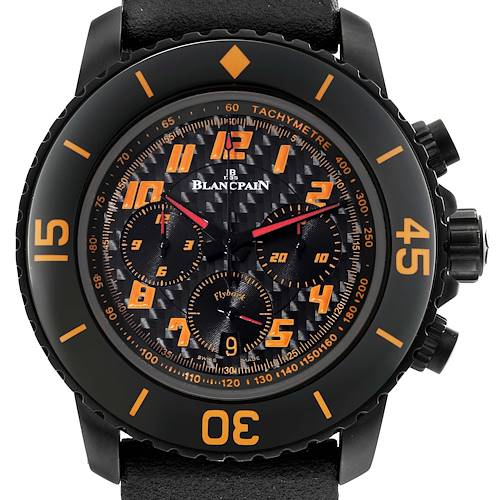 The Blancpain Fifty Fathoms 5785F-11D03-63A Men's Stainless Steel Black Dial watch is shown from a front angle, highlighting its dial, bezel, numerals, and subdials.