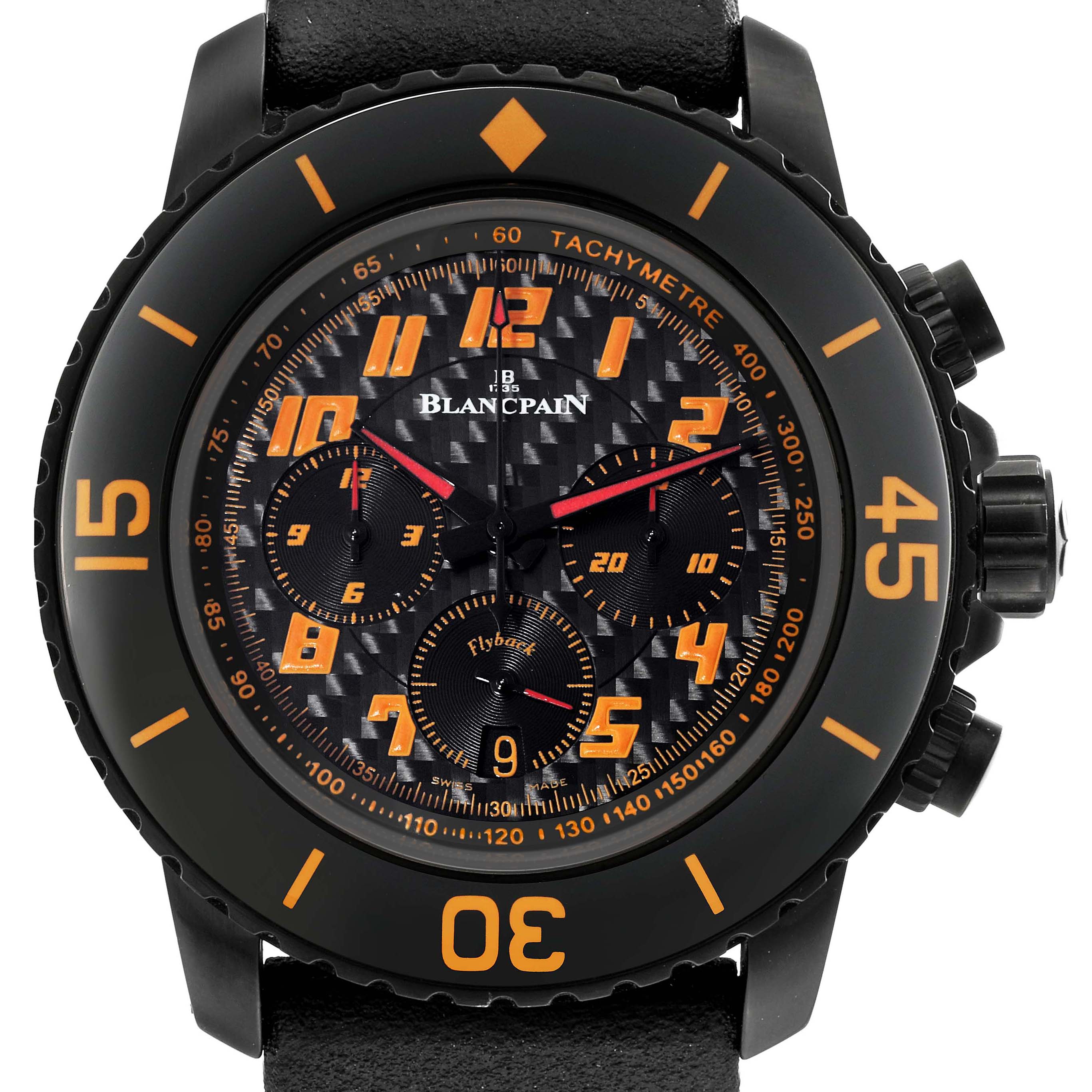 The Blancpain Fifty Fathoms 5785F-11D03-63A Men's Stainless Steel Black Dial watch is shown from the front, highlighting the face, bezel, and side buttons.