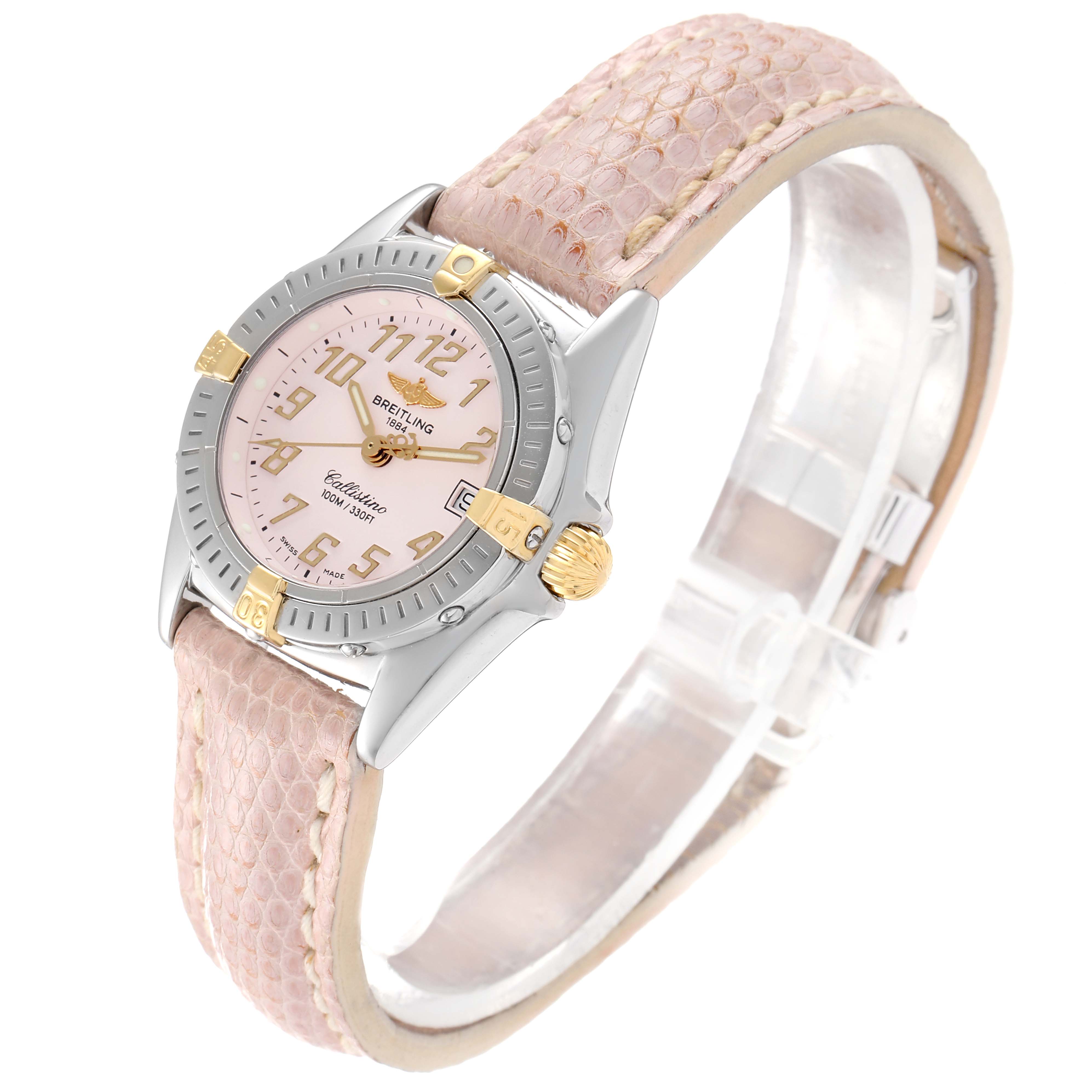 This Breitling B52345 Women's Stainless Steel Pink Dial B52345 Women's Stainless Steel Pink Dial Callistino Steel Yellow Gold Ladies Watch B52345 is shown at a slight angle, displaying the face, bezel, crown, and strap.