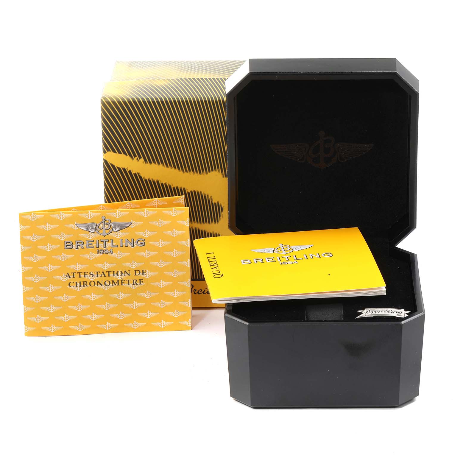 The image shows the box, papers, and manuals for the Breitling B52345 Women's Stainless Steel Pink Dial B52345 Women's Stainless Steel Pink Dial Callistino Steel Yellow Gold Ladies Watch B52345 model.