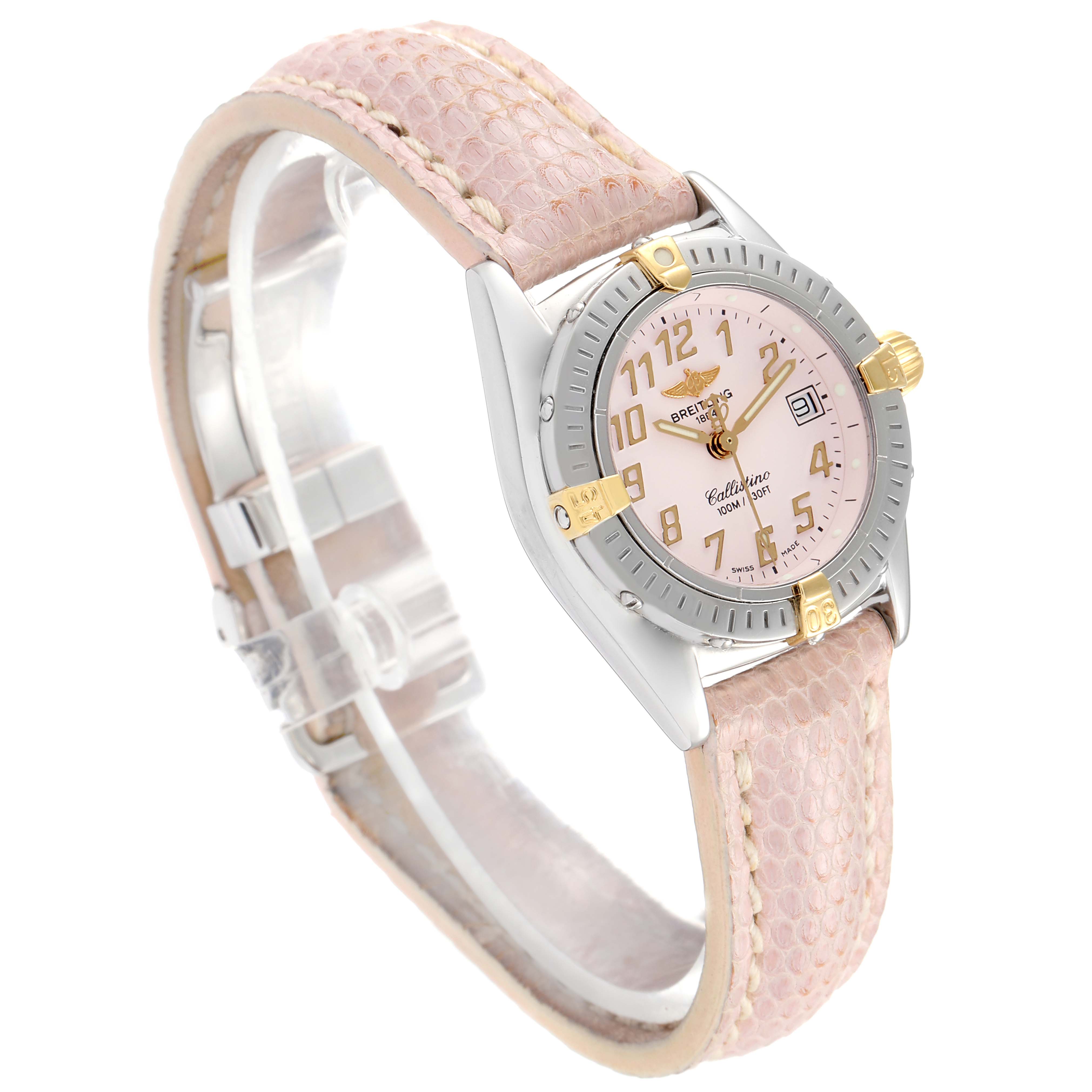 The image shows a side and front angle of the Breitling B52345 Women's Stainless Steel Pink Dial B52345 Women's Stainless Steel Pink Dial Callistino Steel Yellow Gold Ladies Watch B52345 with a pink strap and silver bezel.