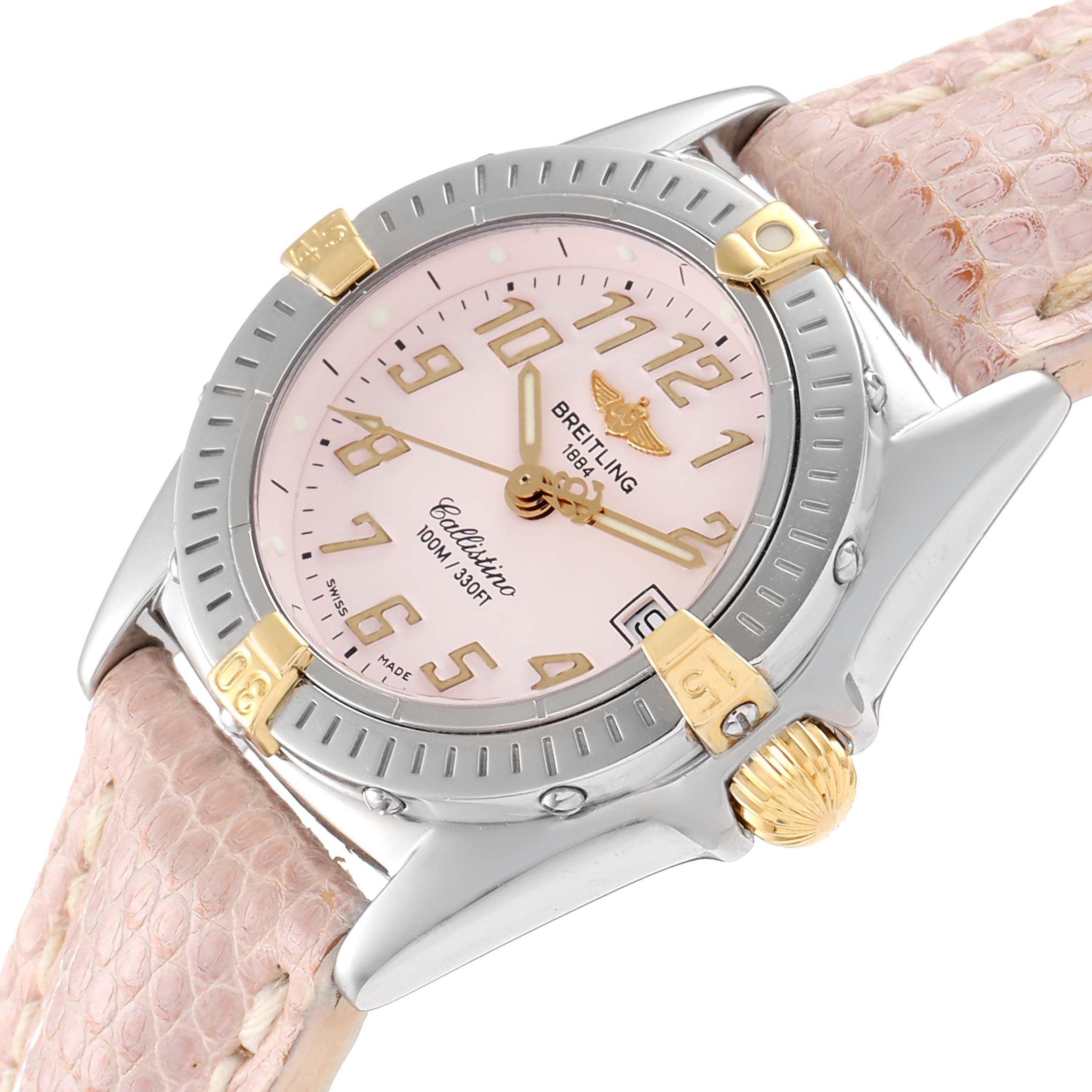 The image shows a close-up angle of the Breitling B52345 Women's Stainless Steel Pink Dial B52345 Women's Stainless Steel Pink Dial Callistino Steel Yellow Gold Ladies Watch B52345, highlighting the face, bezel, and strap.
