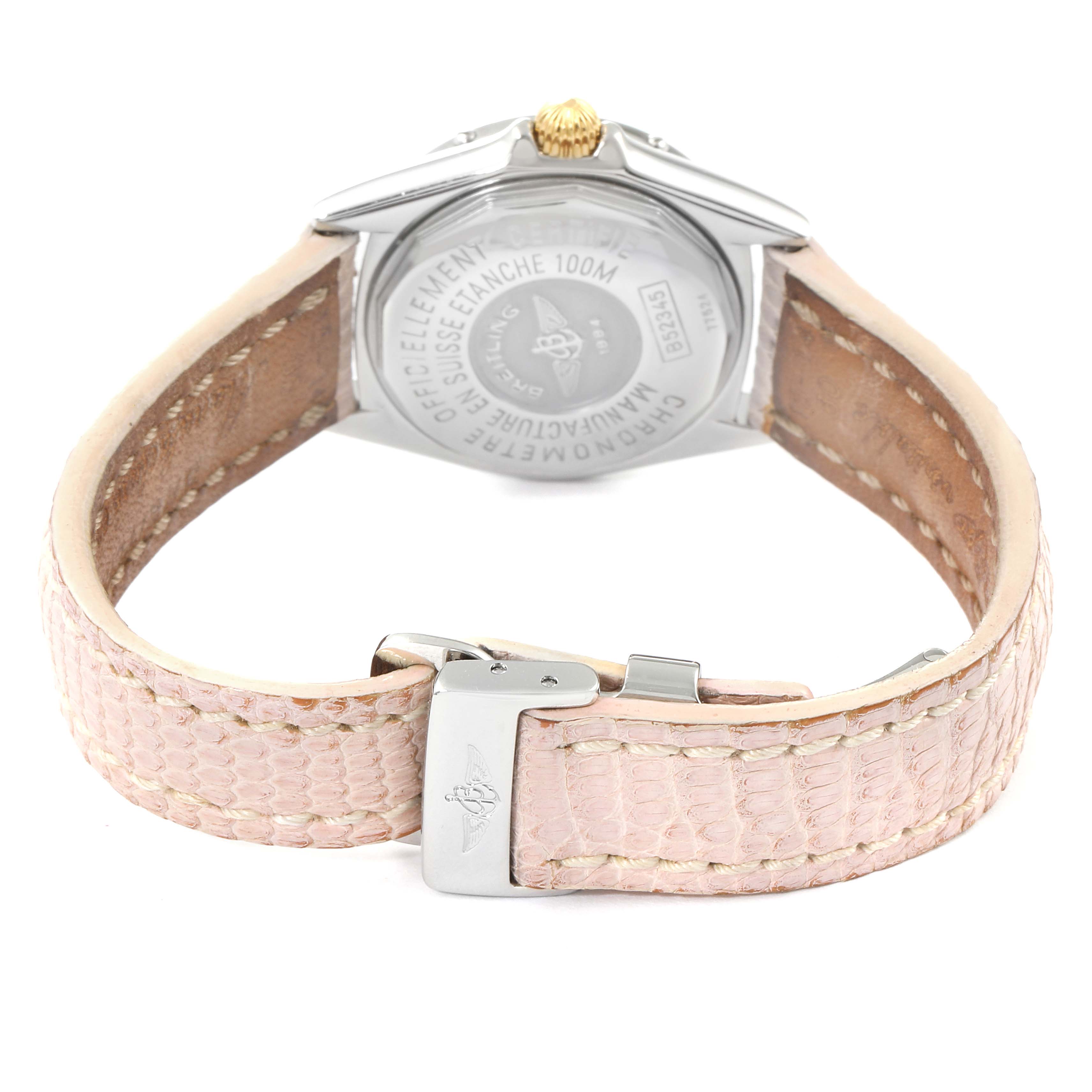 This image depicts the back view of the Breitling B52345 Women's Stainless Steel Pink Dial B52345 Women's Stainless Steel Pink Dial Callistino Steel Yellow Gold Ladies Watch B52345, showcasing the case back and strap.