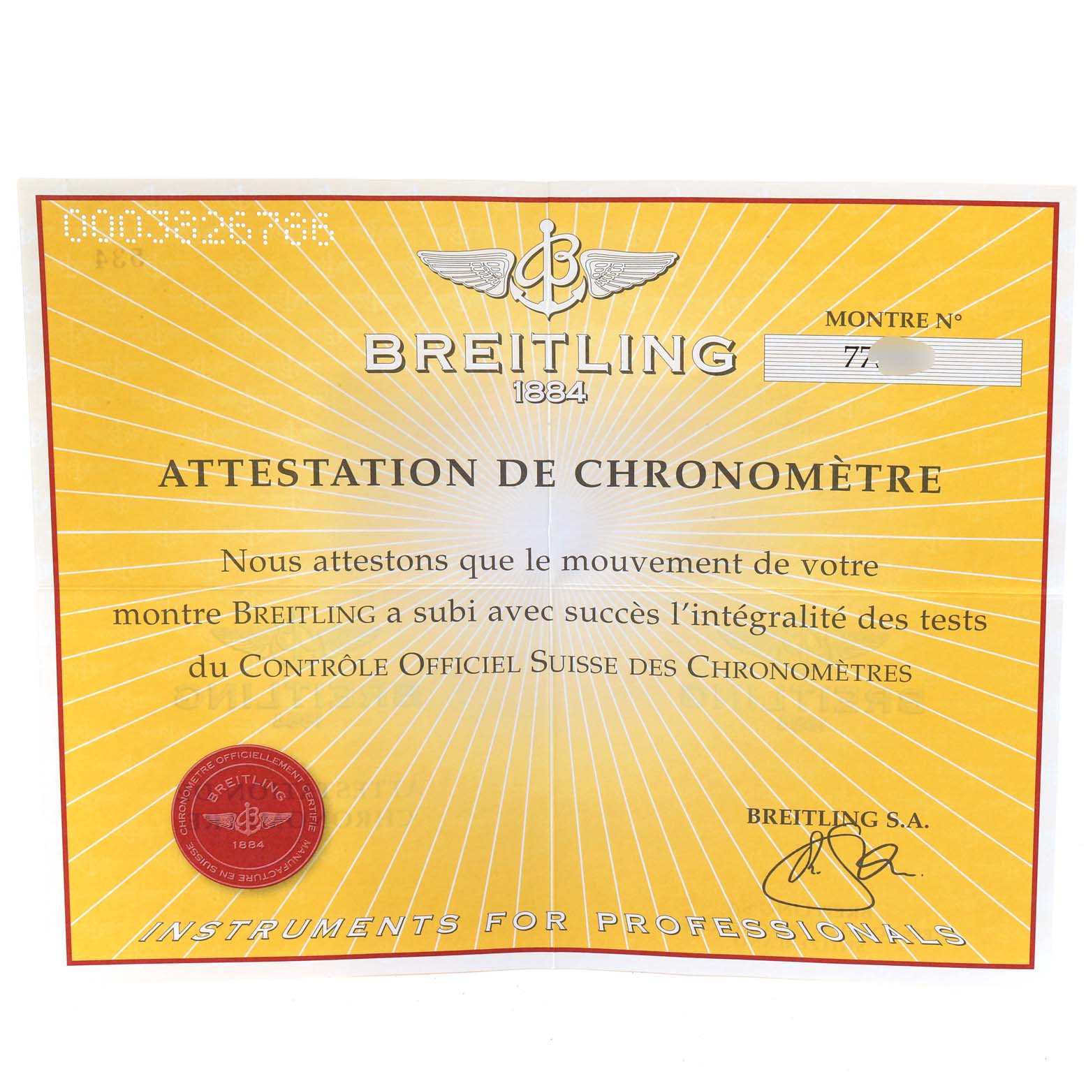 The image shows the official chronometer certificate for the Breitling B52345 Women's Stainless Steel Pink Dial B52345 Women's Stainless Steel Pink Dial Callistino Steel Yellow Gold Ladies Watch B52345.