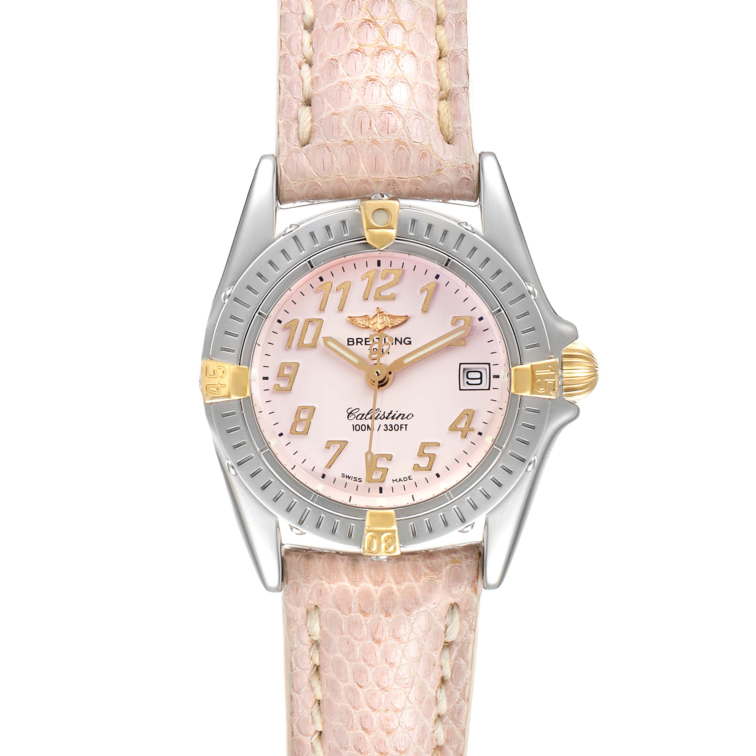 The image shows a front view of the Breitling B52345 Women's Stainless Steel Pink Dial B52345 Women's Stainless Steel Pink Dial Callistino Steel Yellow Gold Ladies Watch B52345, highlighting the dial, bezel, and strap.