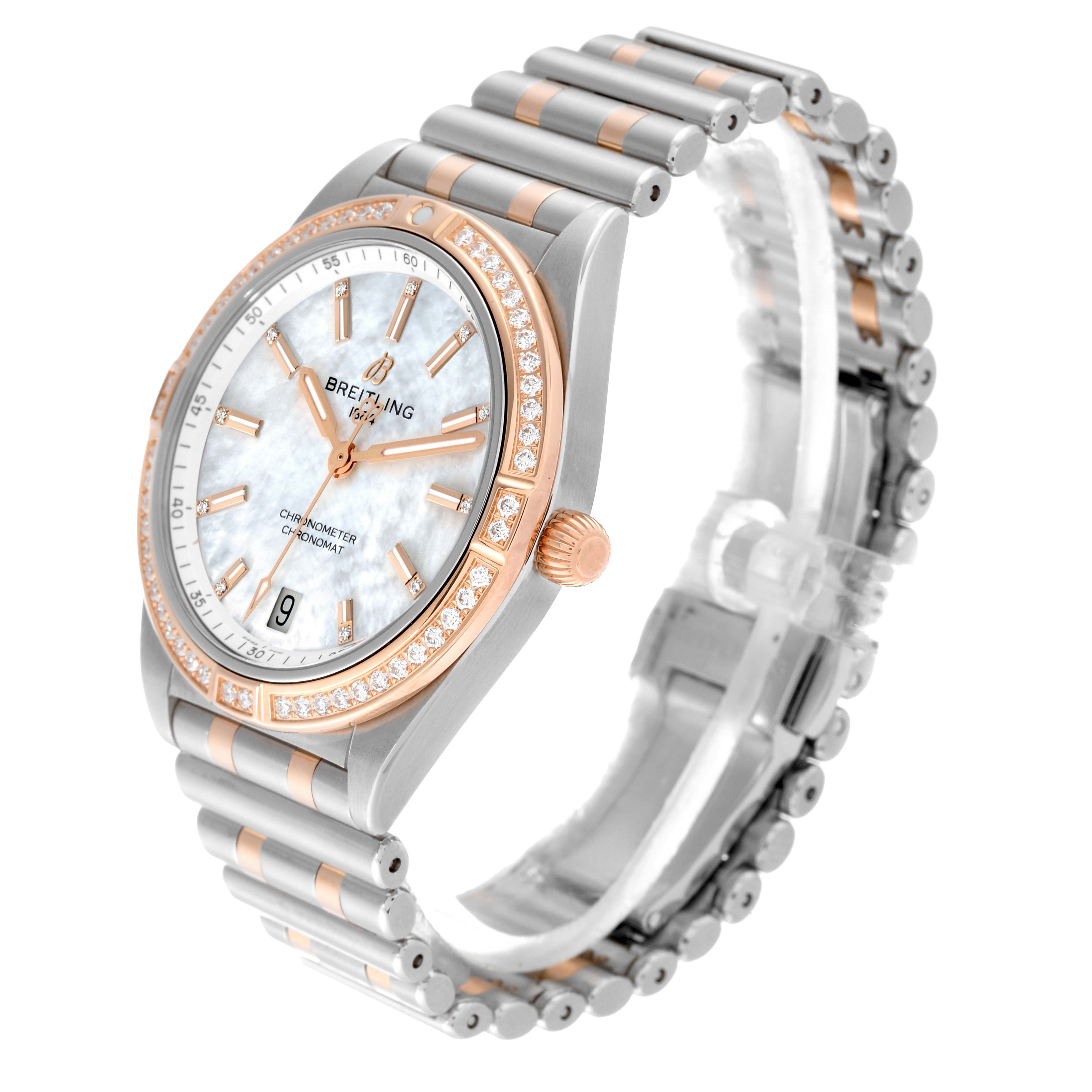 The Breitling U10380591A2U1 Women's Steel and Gold (two tone) Mother of Pearl Dial U10380591A2U1 Women's Steel and Gold (two tone) Mother of Pearl Dial Chronomat 36 U10380 watch is shown at a slight angle, displaying the face, bezel, crown, and bracelet.