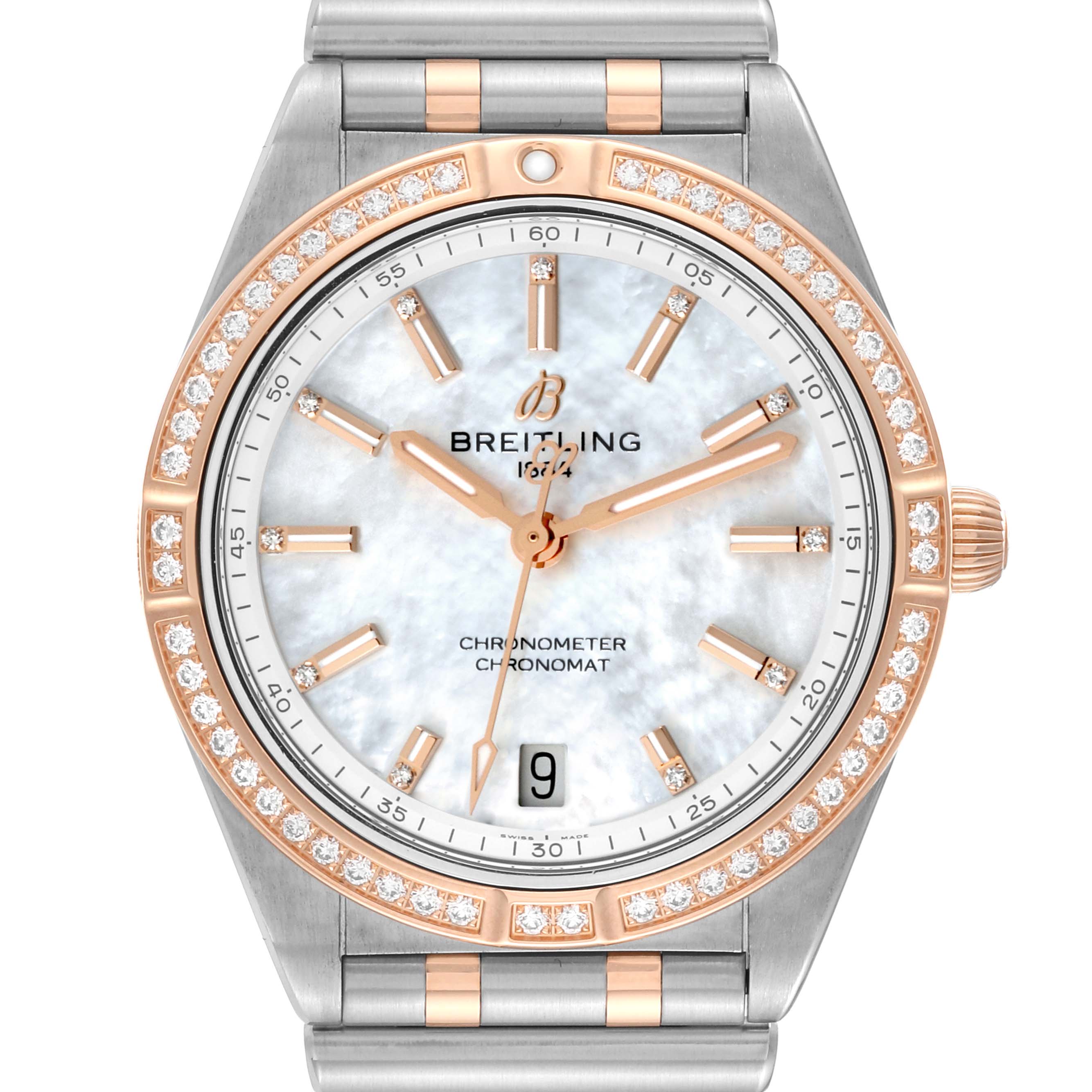 The image shows the front view of the Breitling U10380591A2U1 Women's Steel and Gold (two tone) Mother of Pearl Dial U10380591A2U1 Women's Steel and Gold (two tone) Mother of Pearl Dial Chronomat 36 Mother Of Pearl Diamond Dial Steel Rose Gold Ladies Watch U10380.