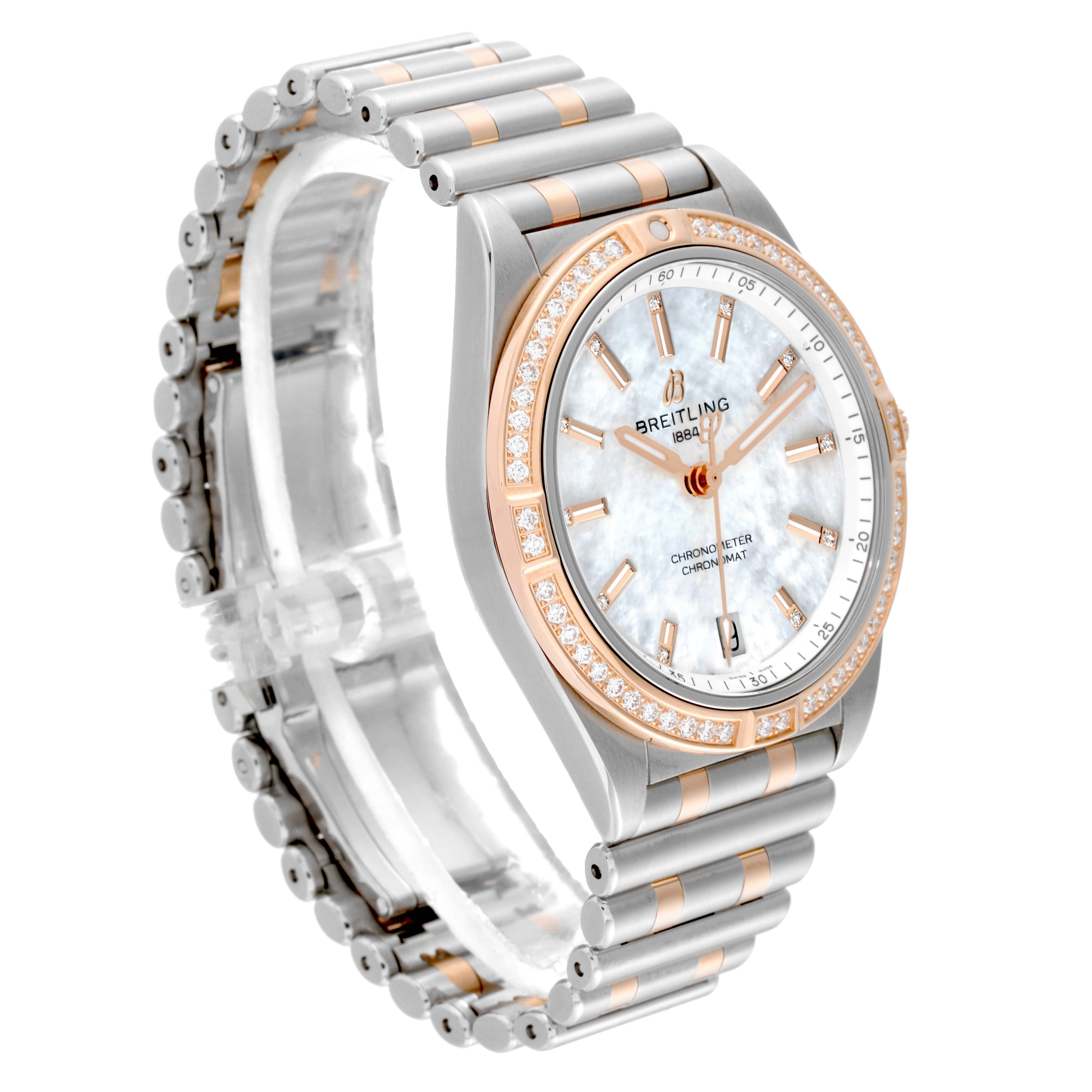 The image shows a front-right angled view of the Breitling U10380591A2U1 Women's Steel and Gold (two tone) Mother of Pearl Dial U10380591A2U1 Women's Steel and Gold (two tone) Mother of Pearl Dial Chronomat 36 Mother Of Pearl Diamond Dial Steel Rose Gold Ladies Watch U10380, highlighting the dial and bracelet.