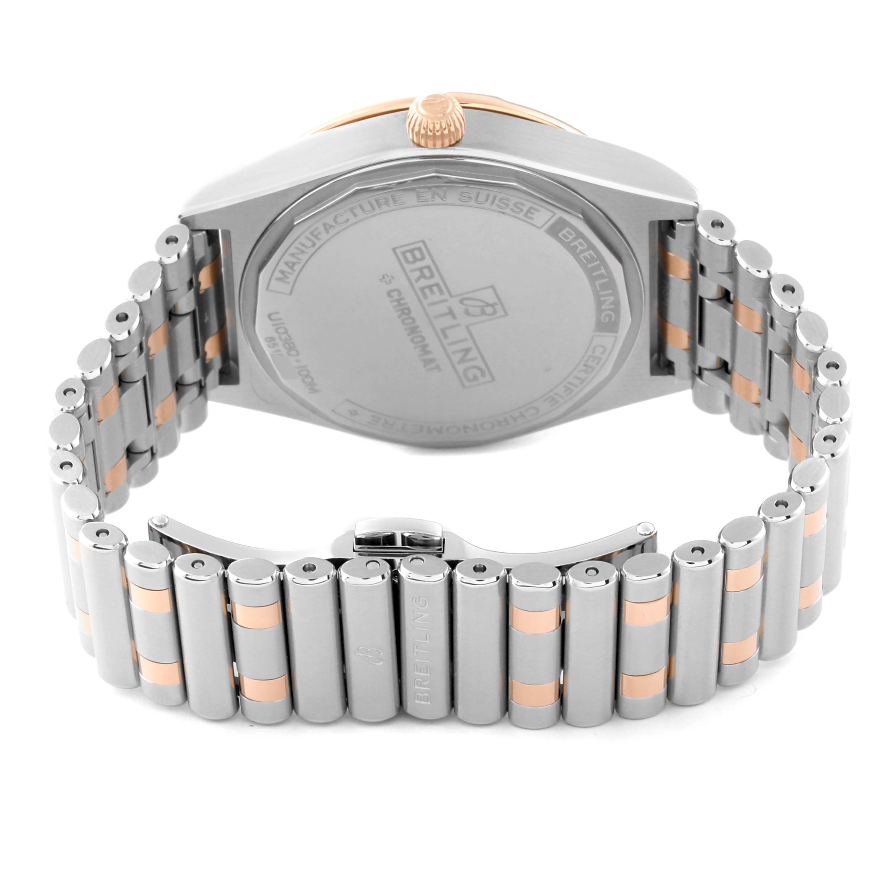 The image shows the back and bracelet of the Breitling U10380591A2U1 Women's Steel and Gold (two tone) Mother of Pearl Dial U10380591A2U1 Women's Steel and Gold (two tone) Mother of Pearl Dial Chronomat 36 Mother Of Pearl Diamond Dial Steel Rose Gold Ladies Watch U10380.