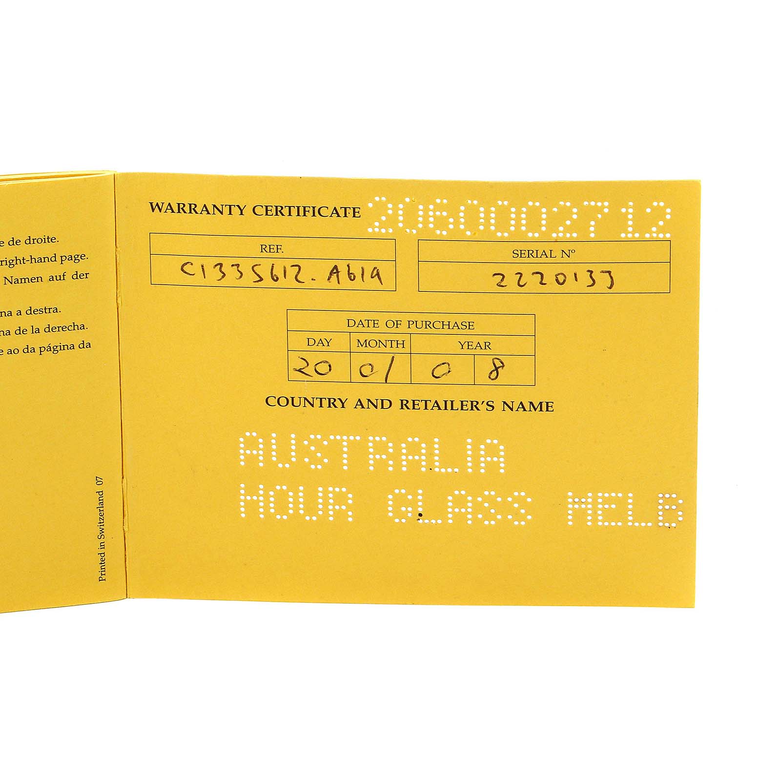 The image shows the warranty certificate for the Breitling Chronomat C13356 Men's Steel and Gold (two tone) White Dial C13356 Men's Steel and Gold (two tone) White Dial watch.