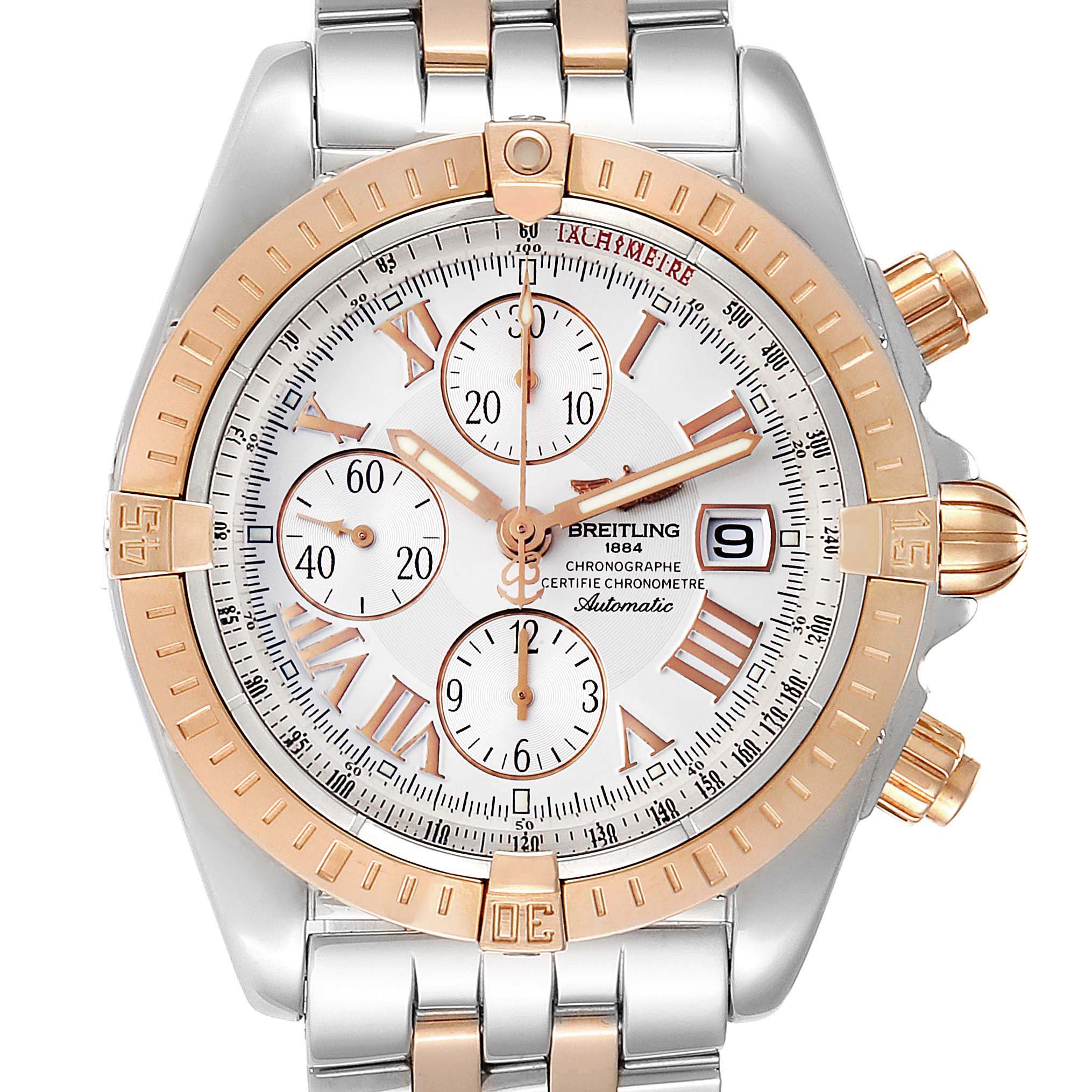 The image shows a frontal view of a Breitling Chronomat C13356 Men's Steel and Gold (two tone) White Dial C13356 Men's Steel and Gold (two tone) White Dial watch, highlighting the dial, subdials, bezel, and part of the bracelet.