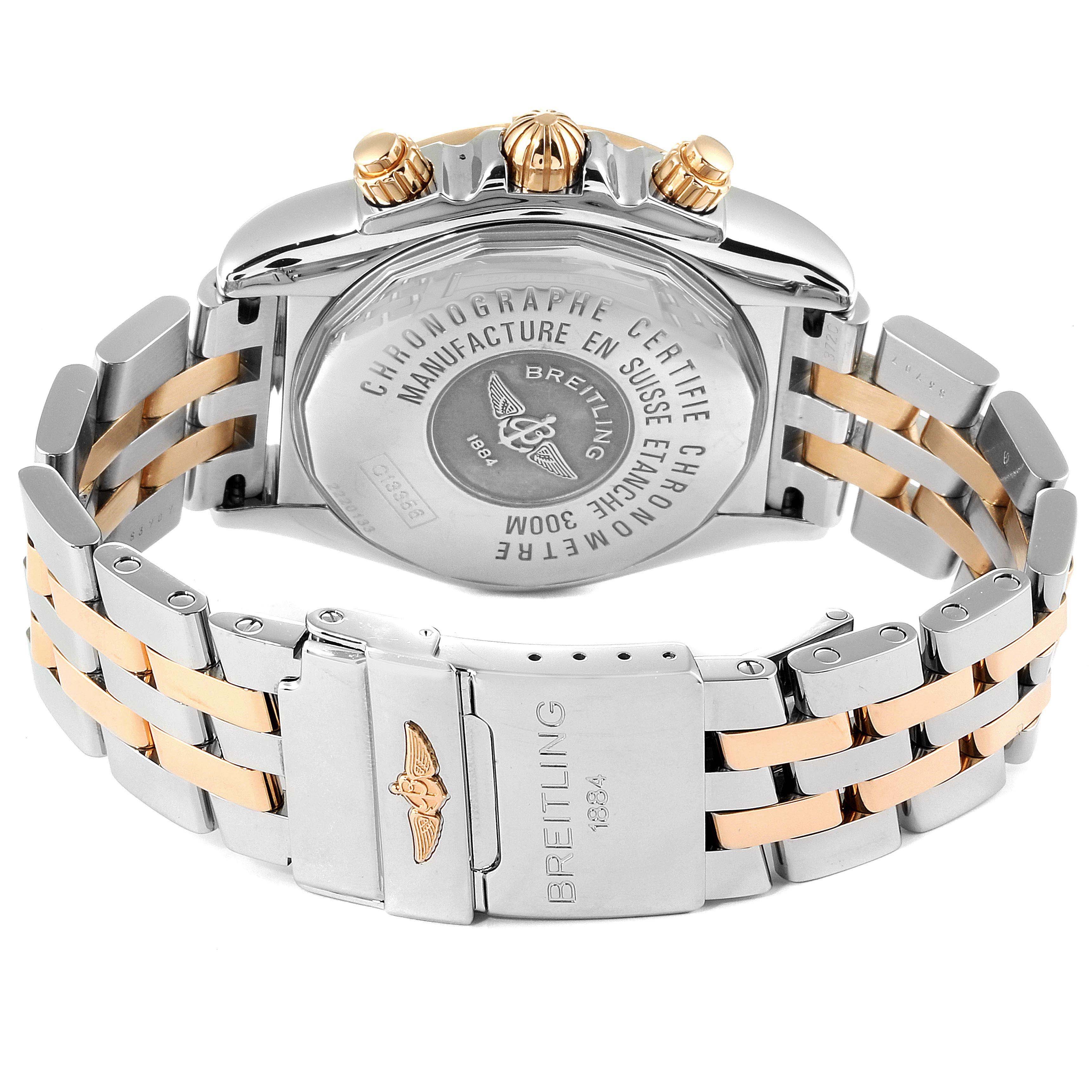 The image shows the back and clasp of the Breitling Chronomat C13356 Men's Steel and Gold (two tone) White Dial C13356 Men's Steel and Gold (two tone) White Dial watch with a two-tone metal bracelet.