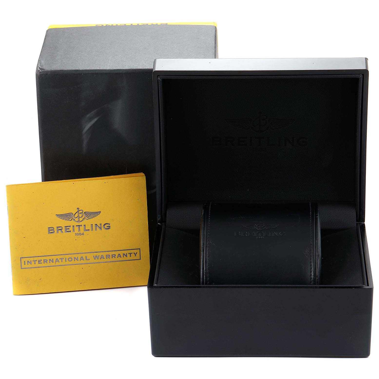 The image shows the Breitling Chronomat C13356 Men's Steel and Gold (two tone) White Dial C13356 Men's Steel and Gold (two tone) White Dial watch box and an international warranty card from a front angle.