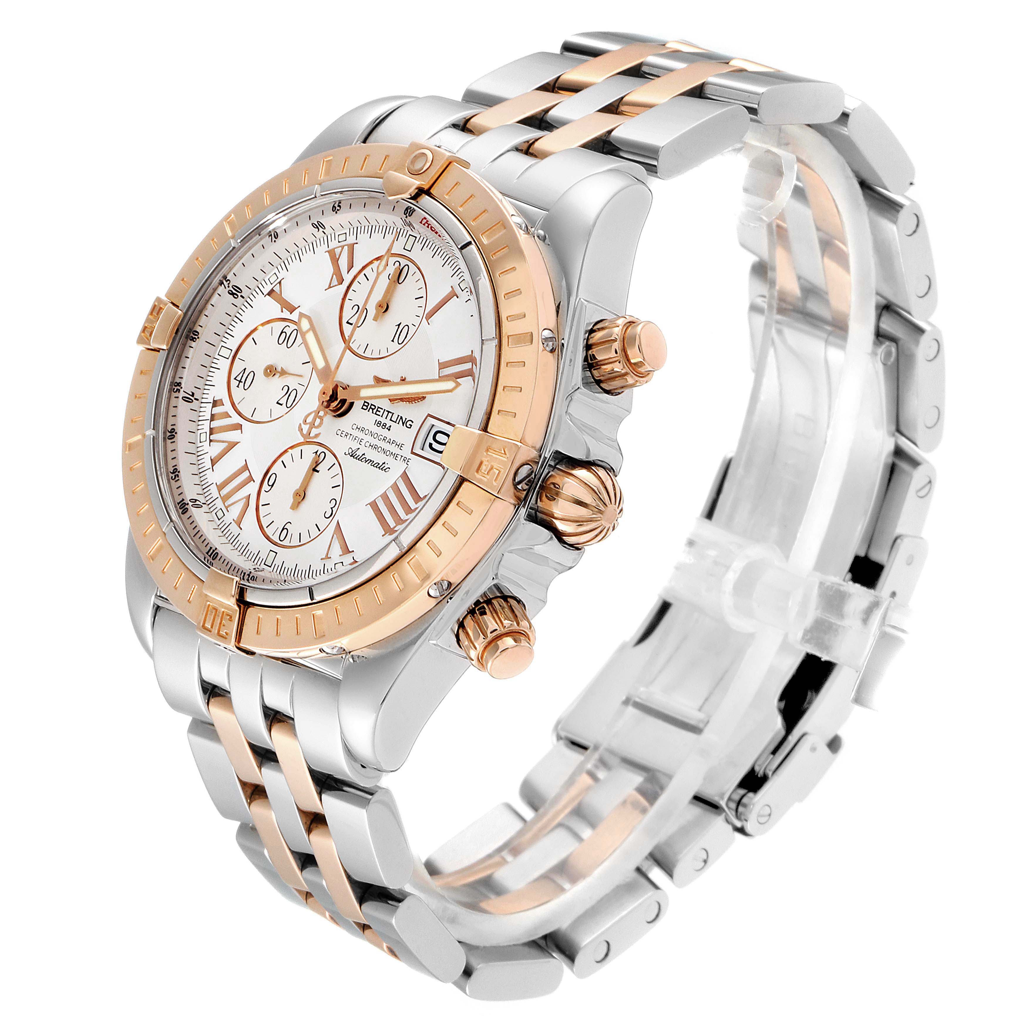 This image shows a Breitling Chronomat C13356 Men's Steel and Gold (two tone) White Dial C13356 Men's Steel and Gold (two tone) White Dial watch at a three-quarter angle, highlighting the face, bezel, crown, and bracelet.