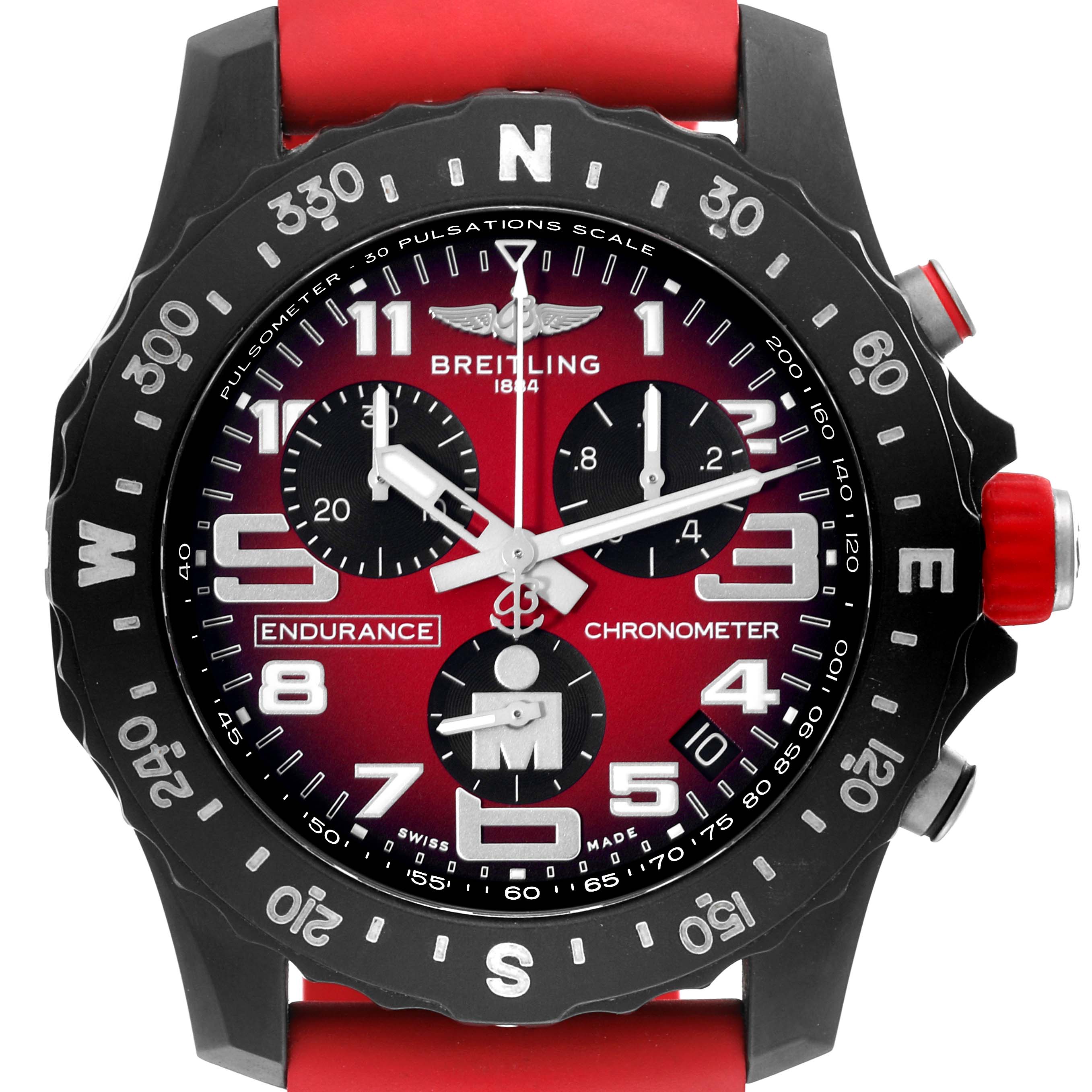 The image shows a front view of the Breitling Professional Series X82310 Men
s Ceramic Red Dial X82310 Men
s Ceramic Red Dial Endurance watch with a red strap and multiple sub-dials.