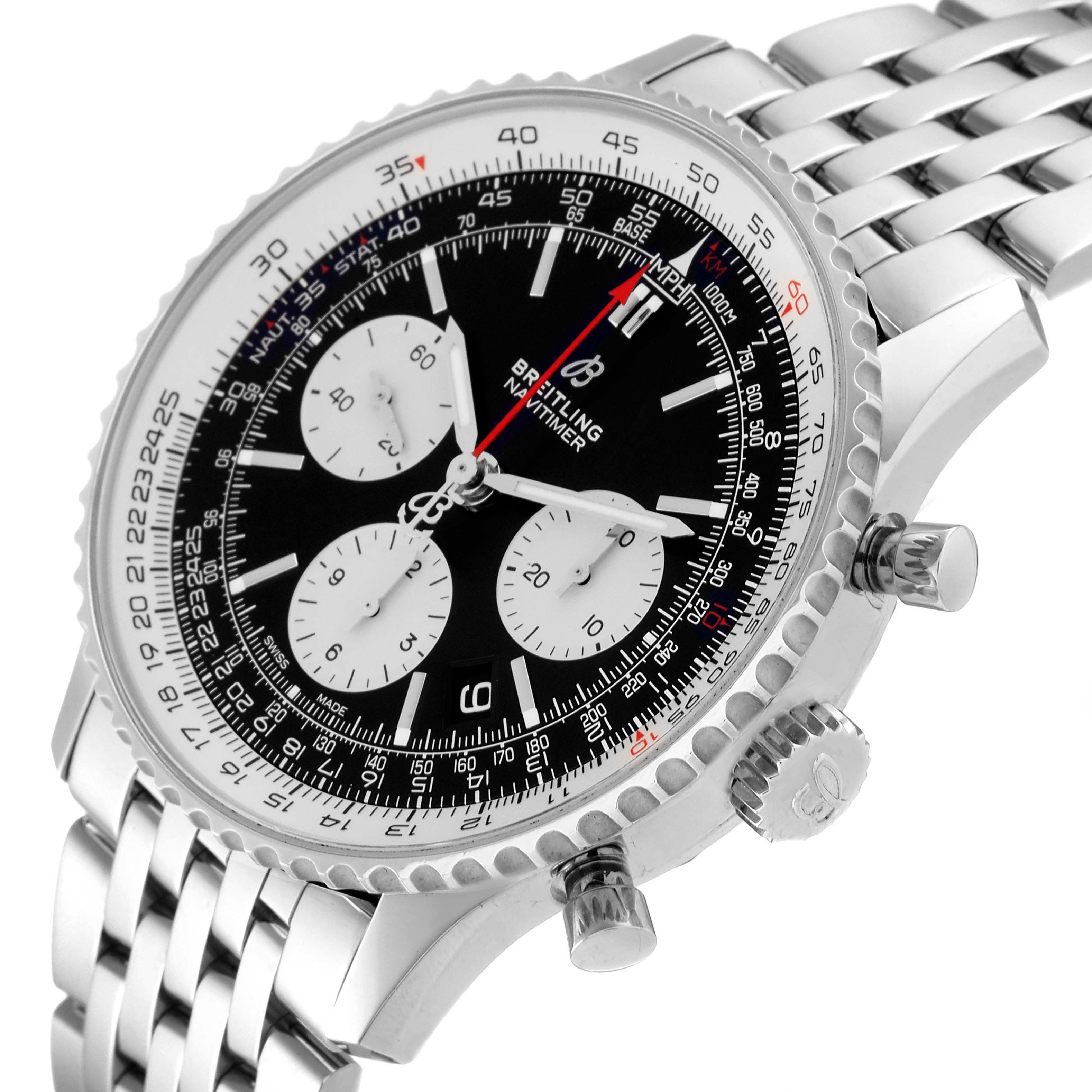 This Breitling Navitimer AB0121 Men's Stainless Steel Black Dial AB0121 Men's Stainless Steel Black Dial watch is shown at a high angle, highlighting its face, bezel, crown, and stainless steel bracelet.