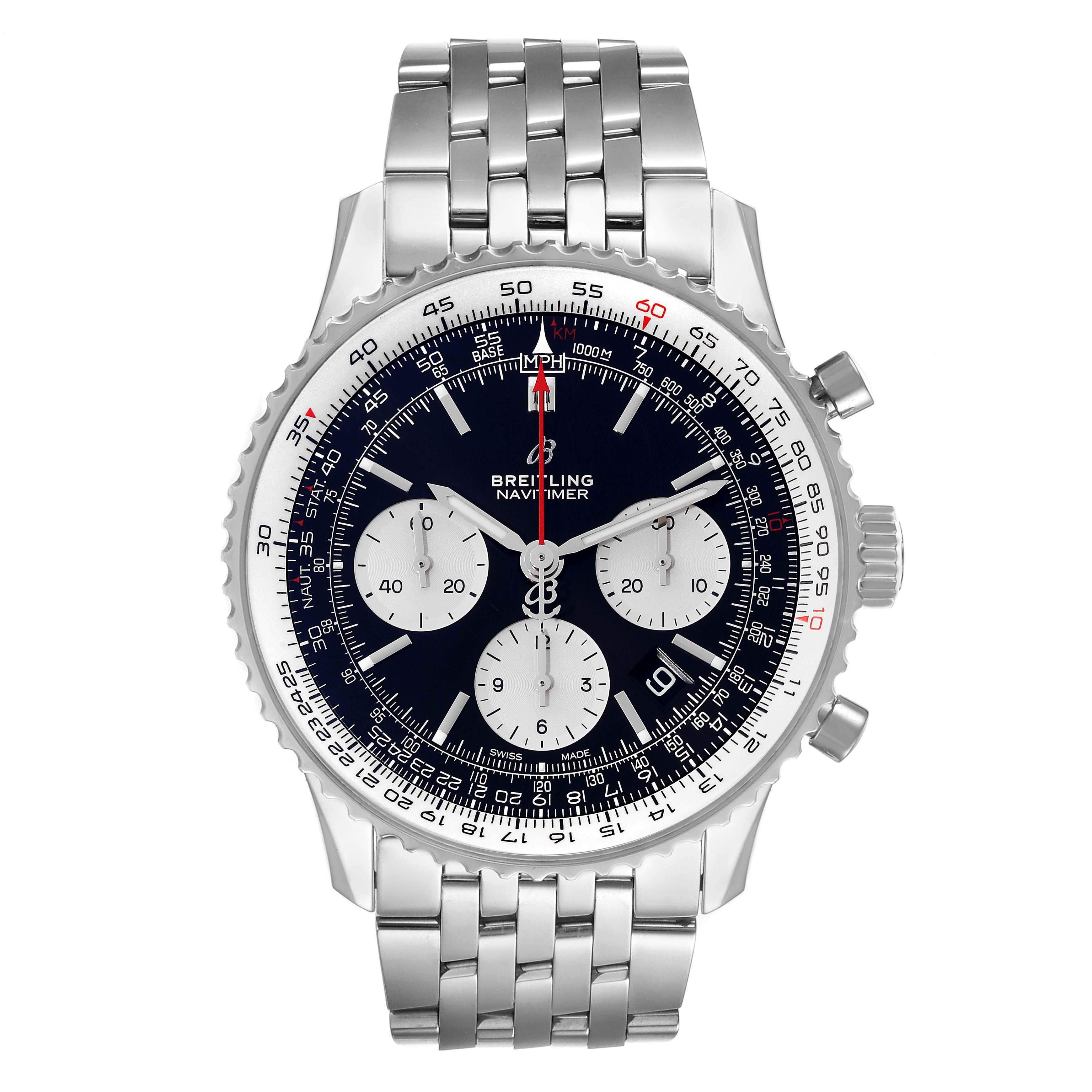 This image shows a front view of the Breitling Navitimer AB0121 Men's Stainless Steel Black Dial AB0121 Men's Stainless Steel Black Dial watch, highlighting its dial, chronograph subdials, and steel bracelet.