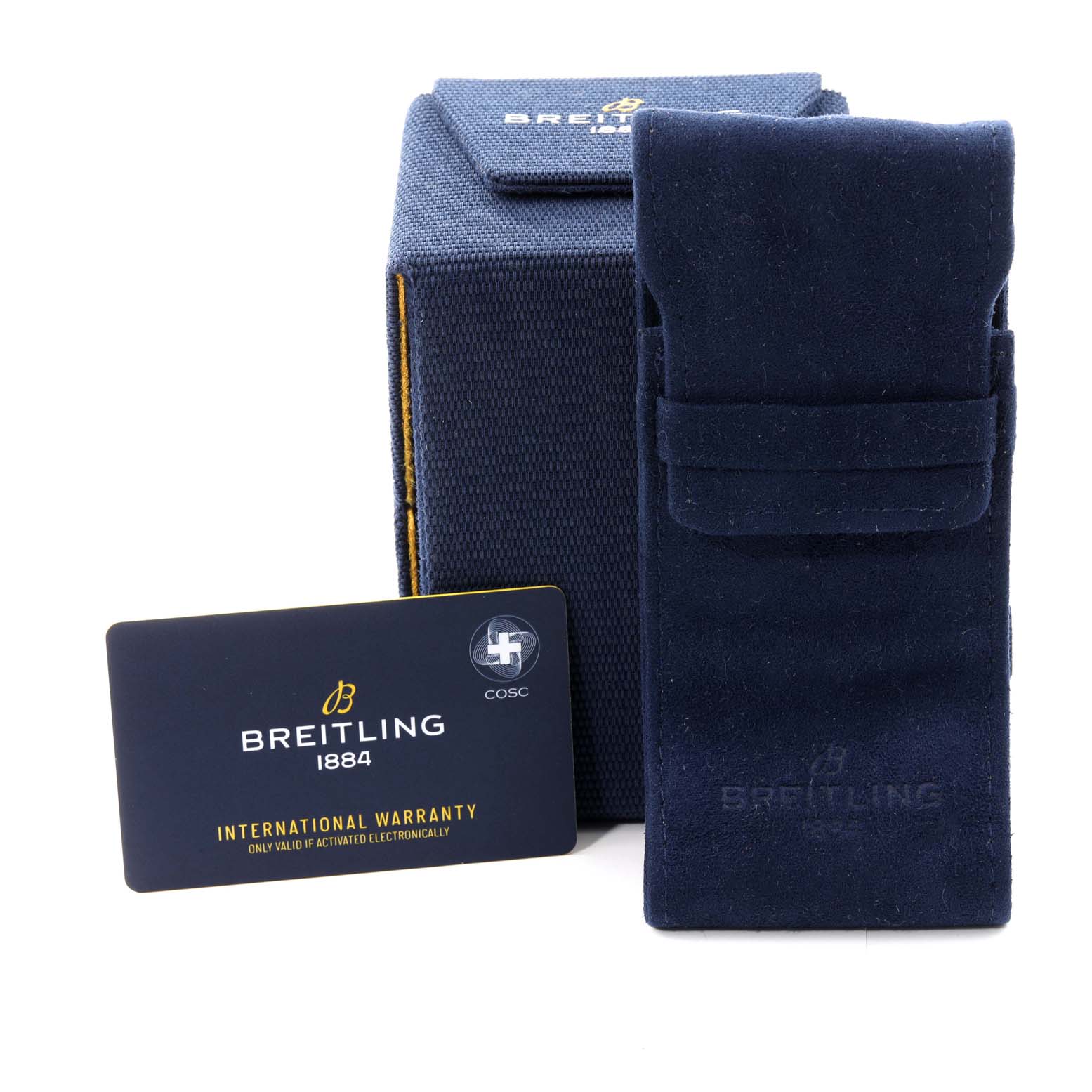 The image shows a dark blue Breitling Navitimer AB0121 Men's Stainless Steel Black Dial AB0121 Men's Stainless Steel Black Dial watch box, carrying case, and an international warranty card.